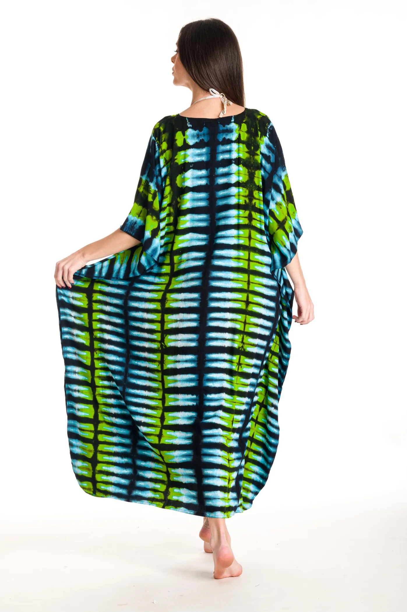 Καφτανι βισκοζ tie dye - Άσπρο;Blue Black καφτάνι παραλίας από βισκόζ για καλοκαιρινές resort εμφανίσεις
