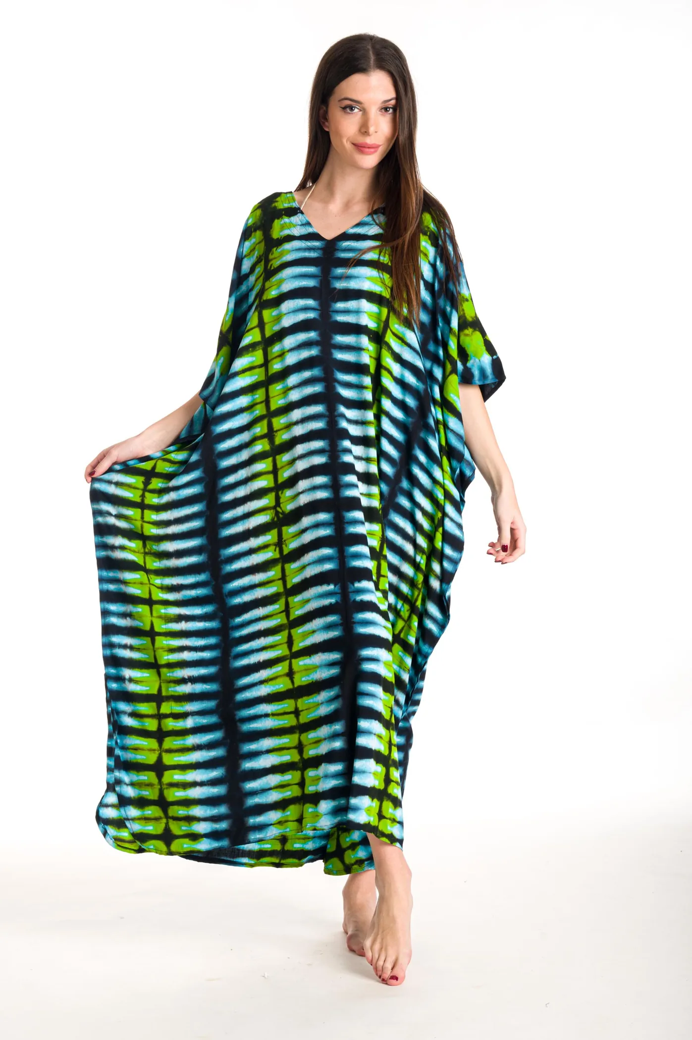 Καφτανι βισκοζ tie dye - Άσπρο;Blue Black παρεό παραλίας από βισκόζ για καλοκαιρινές resort εμφανίσεις