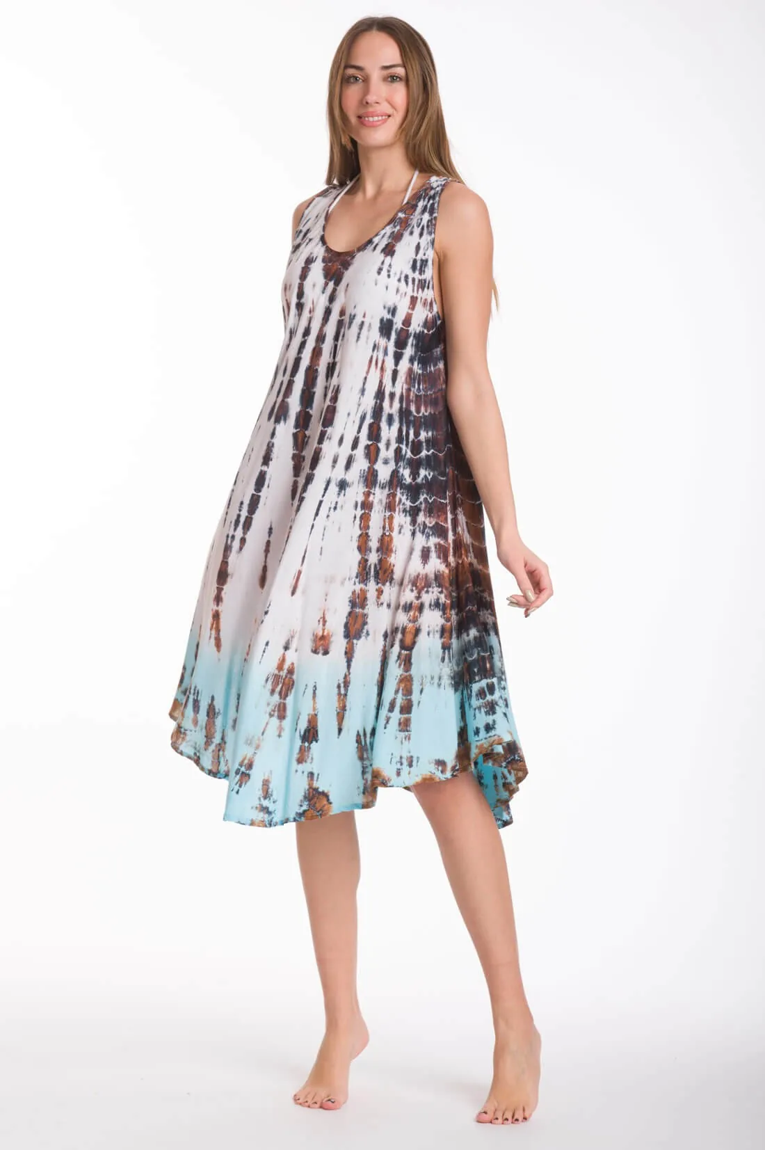 Φορεμα midi αμανικο viscose tie dye - Άσπρο;Γαλάζιο;Καφέ παρεό παραλίας για καλοκαιρινές resort εμφανίσεις