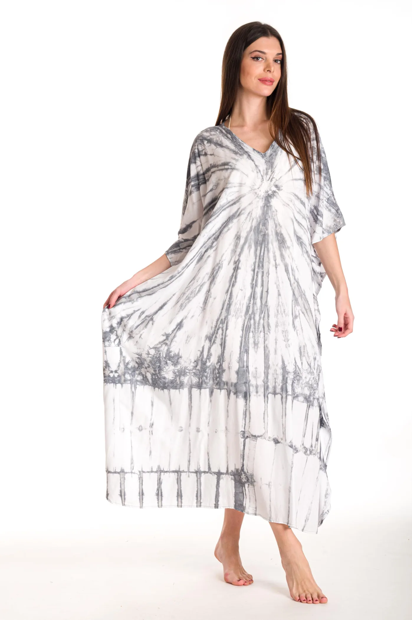 Καφτανι βισκοζ tie dye - Άσπρο;Γκρί παρεό παραλίας από βισκόζ για καλοκαιρινές resort εμφανίσεις