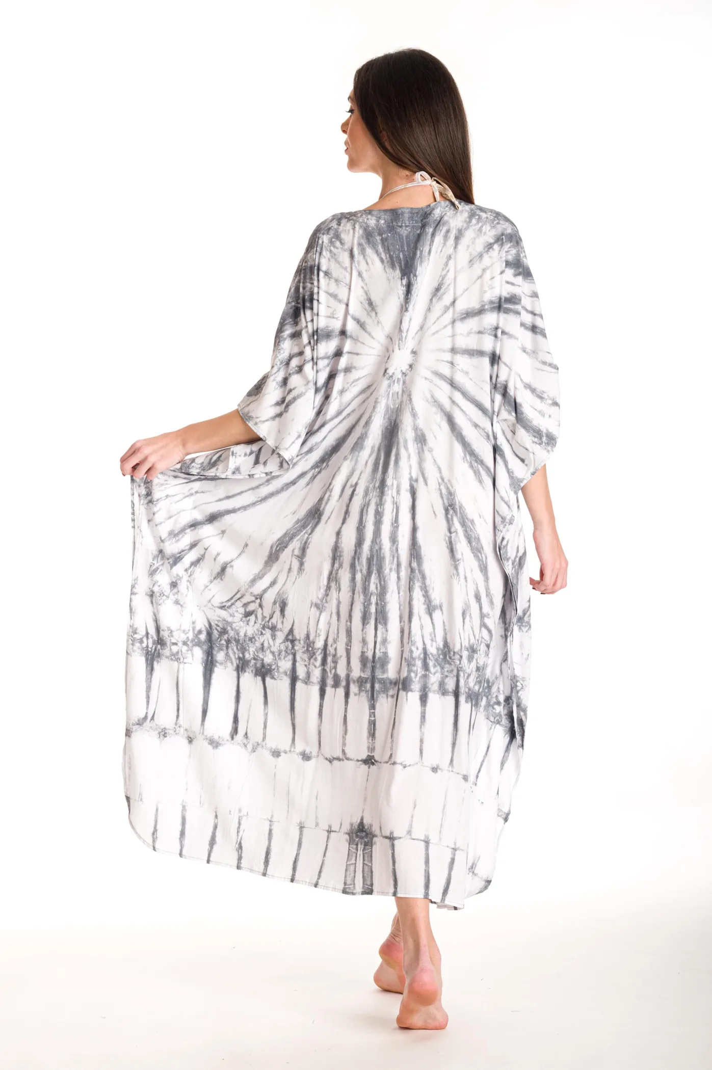 Καφτανι βισκοζ tie dye - Άσπρο;Γκρί καφτάνι παραλίας από βισκόζ για καλοκαιρινές resort εμφανίσεις