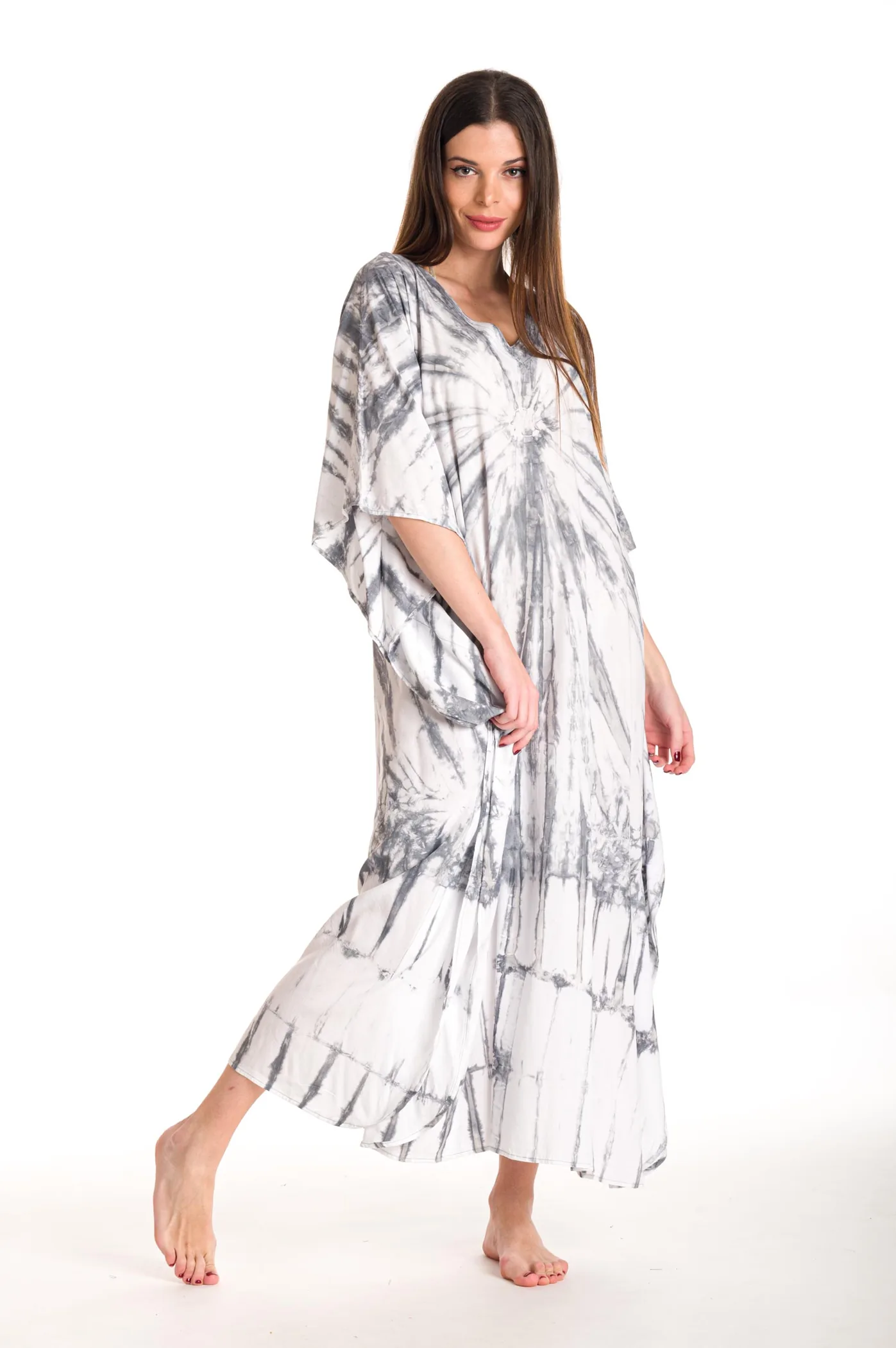 Καφτανι βισκοζ tie dye - Άσπρο;Γκρί καφτάνι παραλίας από βισκόζ για καλοκαιρινές resort εμφανίσεις