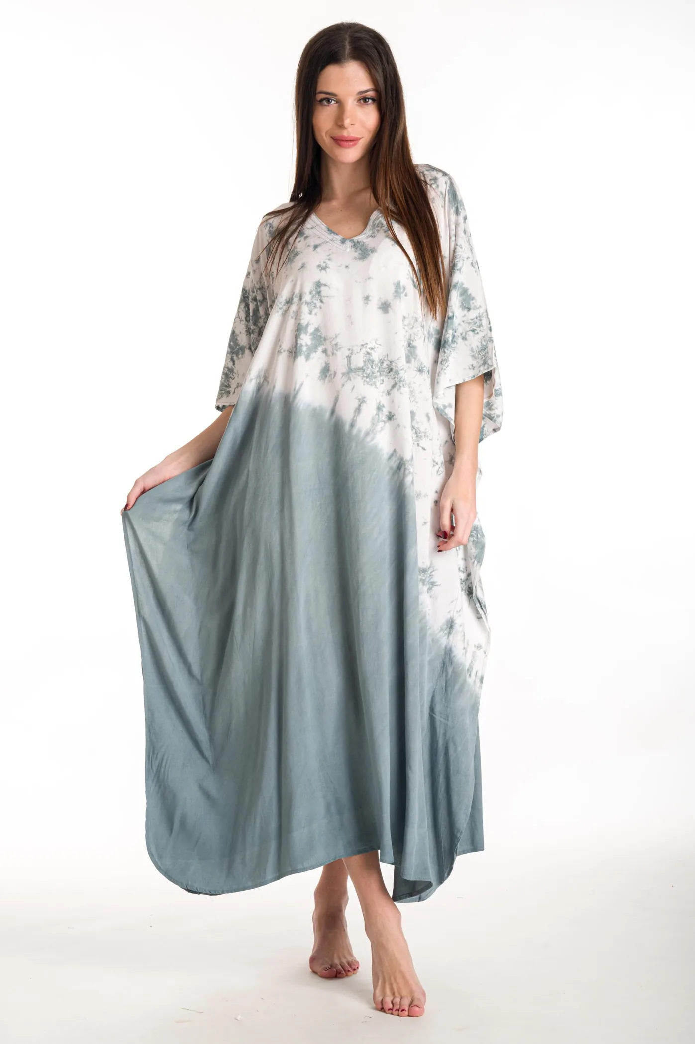 Καφτανι βισκοζ tie dye - Άσπρο;Γκρί παρεό παραλίας από βισκόζ για καλοκαιρινές resort εμφανίσεις