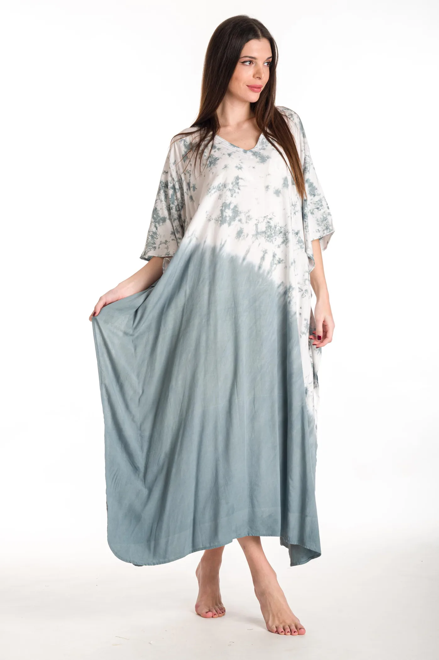 Καφτανι βισκοζ tie dye - Άσπρο;Γκρί καφτάνι παραλίας από βισκόζ για καλοκαιρινές resort εμφανίσεις