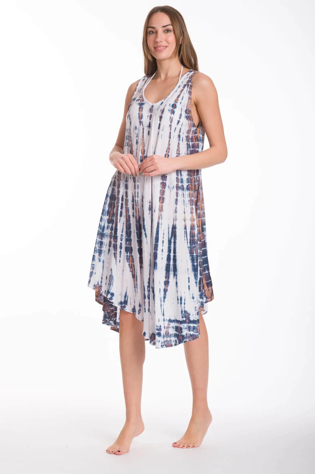 Φορεμα midi αμανικο viscose tie dye - Άσπρο;Καφέ;Ράφ παρεό παραλίας για καλοκαιρινές resort εμφανίσεις