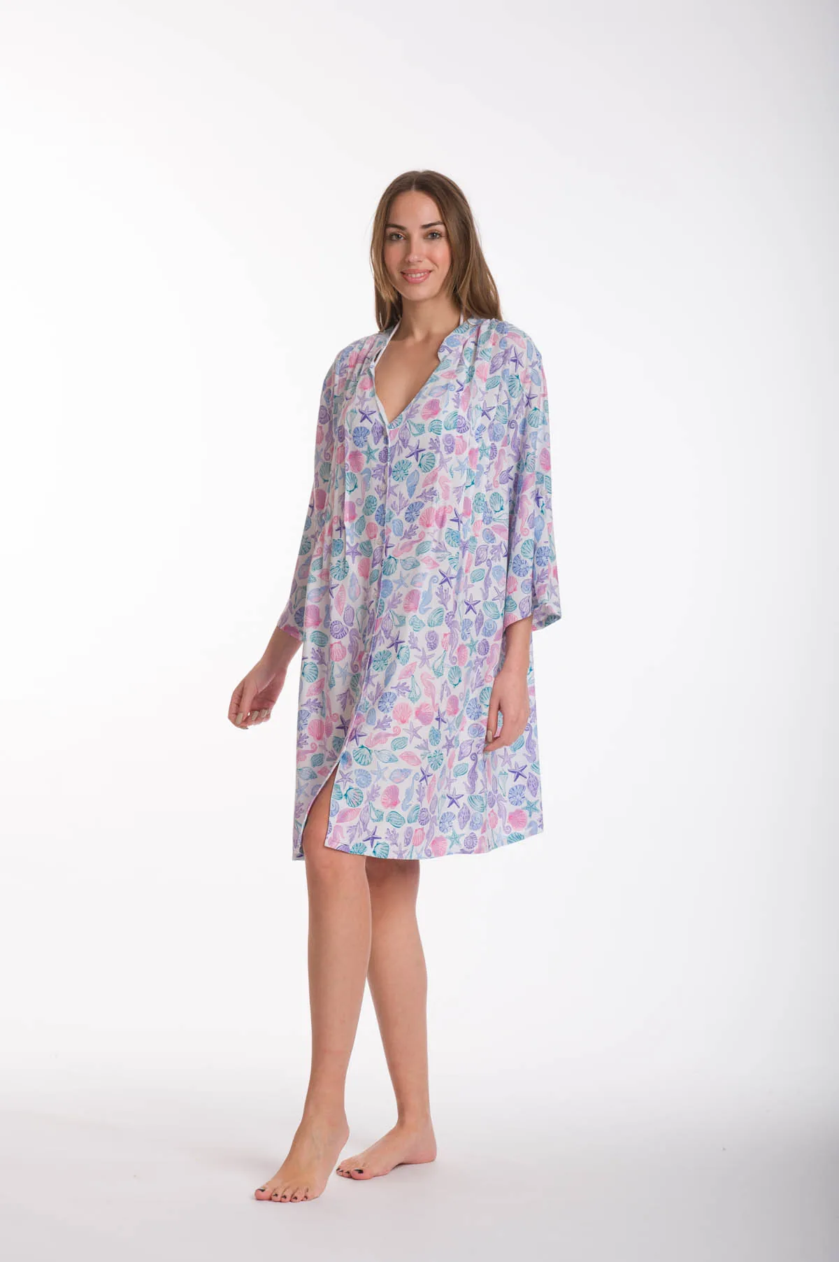 Πουκαμισα βαμβακερη - tunic - φορεμα - Άσπρο;Λιλά παρεό παραλίας από βαμβακερό για καλοκαιρινές resort εμφανίσεις