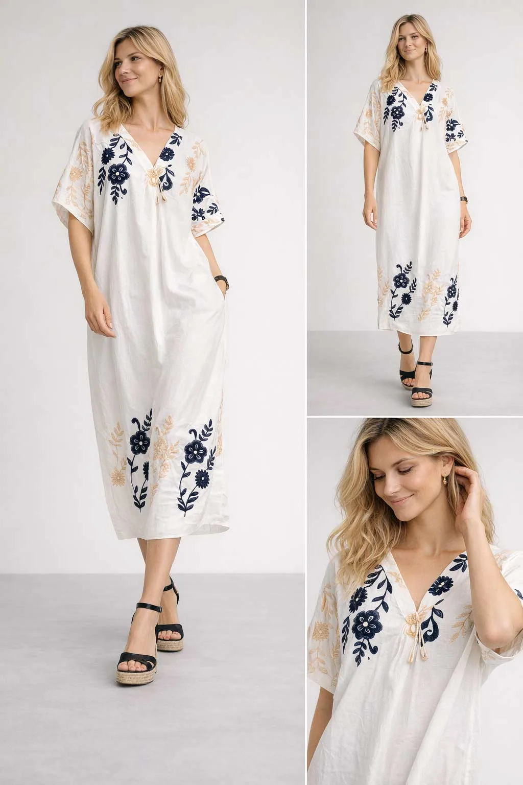 Ασπρο μονοχρωμο βισκοζ - λινο resort wear καφτάνι με κεντημα - Άσπρο καφτάνι παραλίας από βισκόζ για καλοκαιρινές resort εμφανίσεις