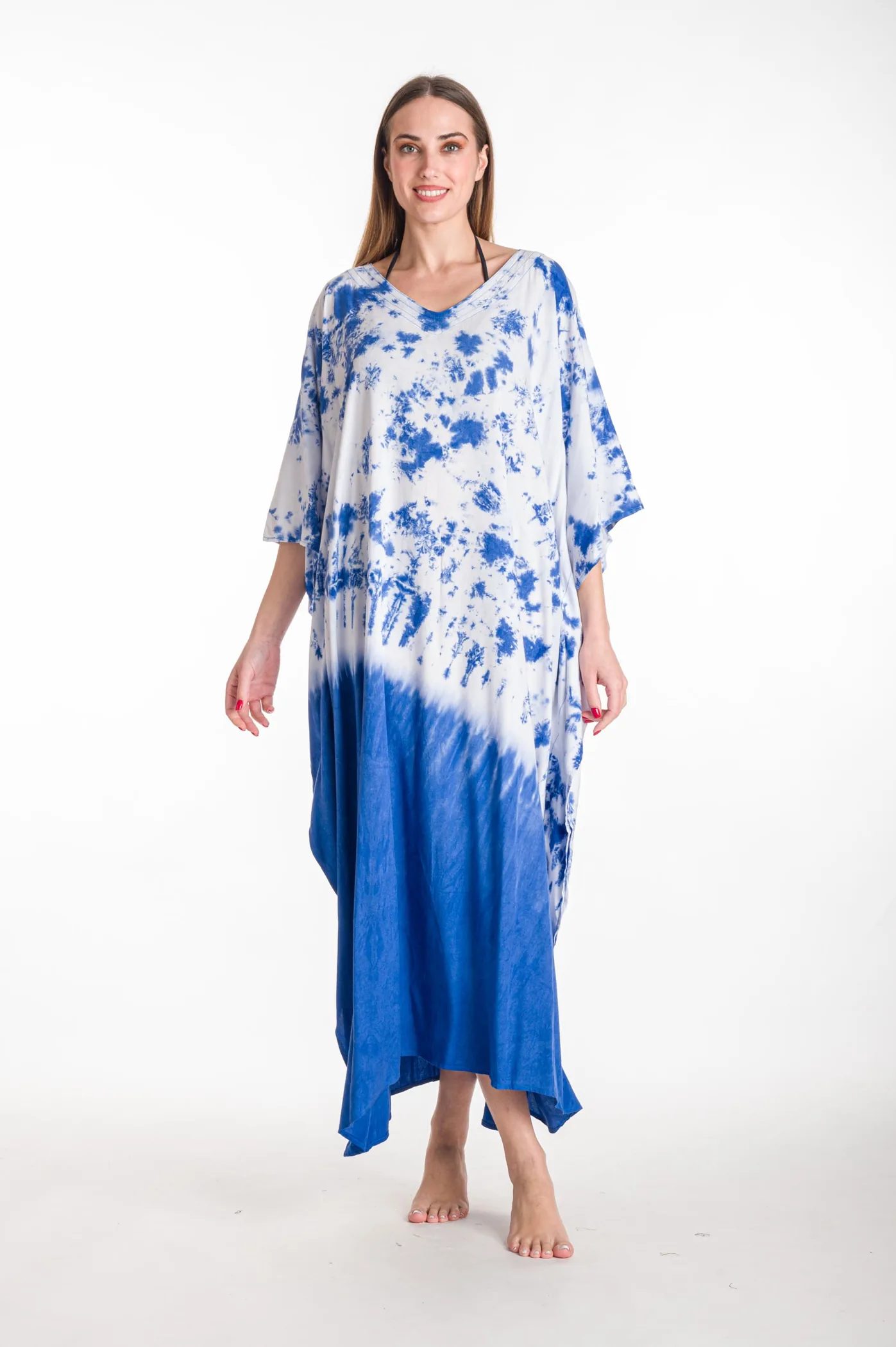 Καφτανι βισκοζ tie dye - Άσπρο;Μπλέ παρεό παραλίας από βισκόζ για καλοκαιρινές resort εμφανίσεις
