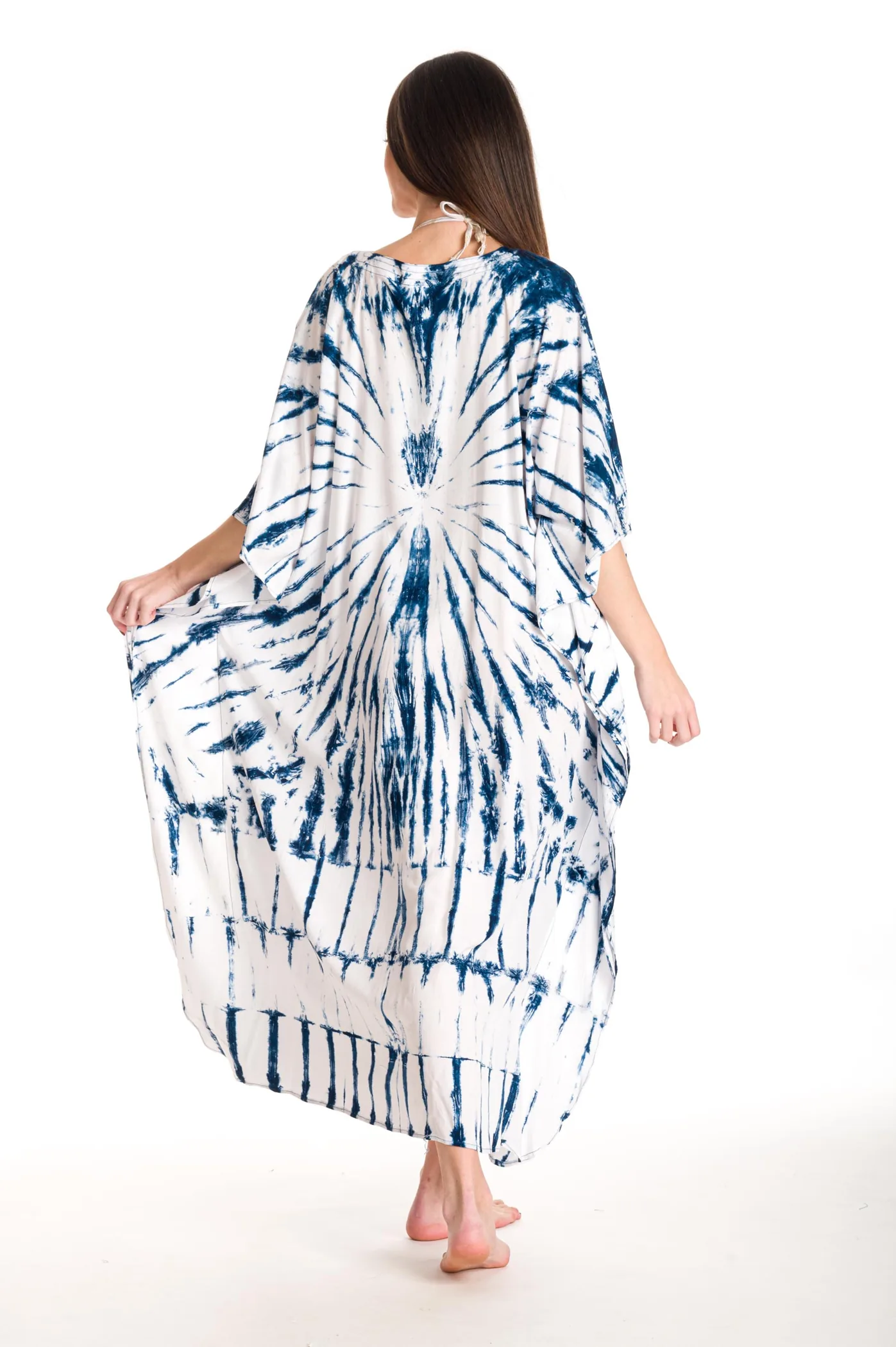Καφτανι βισκοζ tie dye - Άσπρο;Navy Blue καφτάνι παραλίας από βισκόζ για καλοκαιρινές resort εμφανίσεις