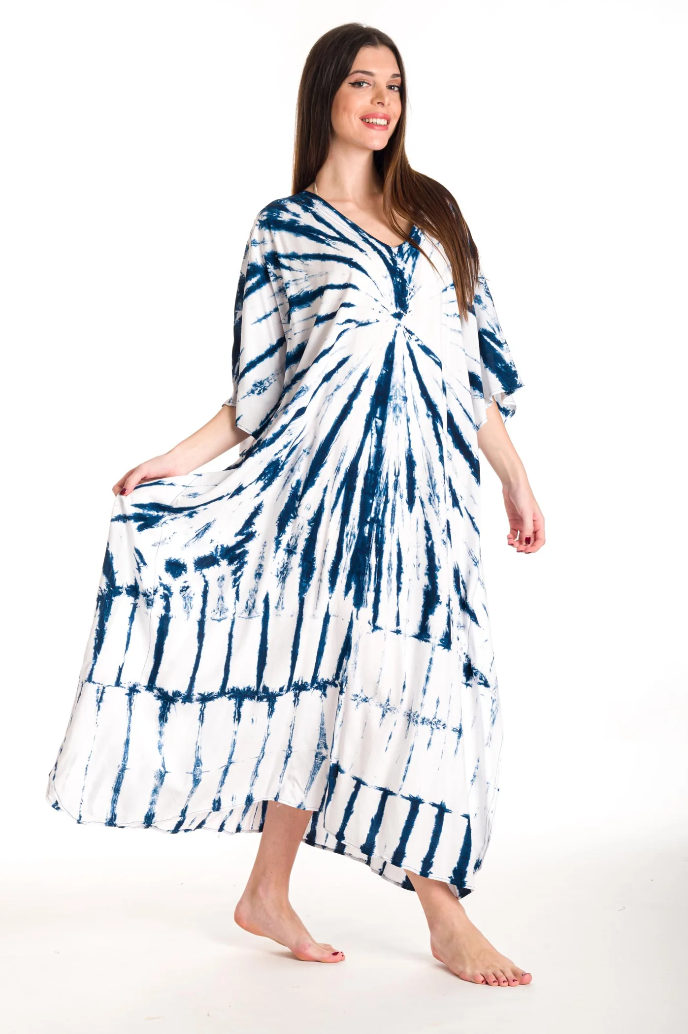 Καφτανι βισκοζ tie dye - Άσπρο;Navy Blue καφτάνι παραλίας από βισκόζ για καλοκαιρινές resort εμφανίσεις