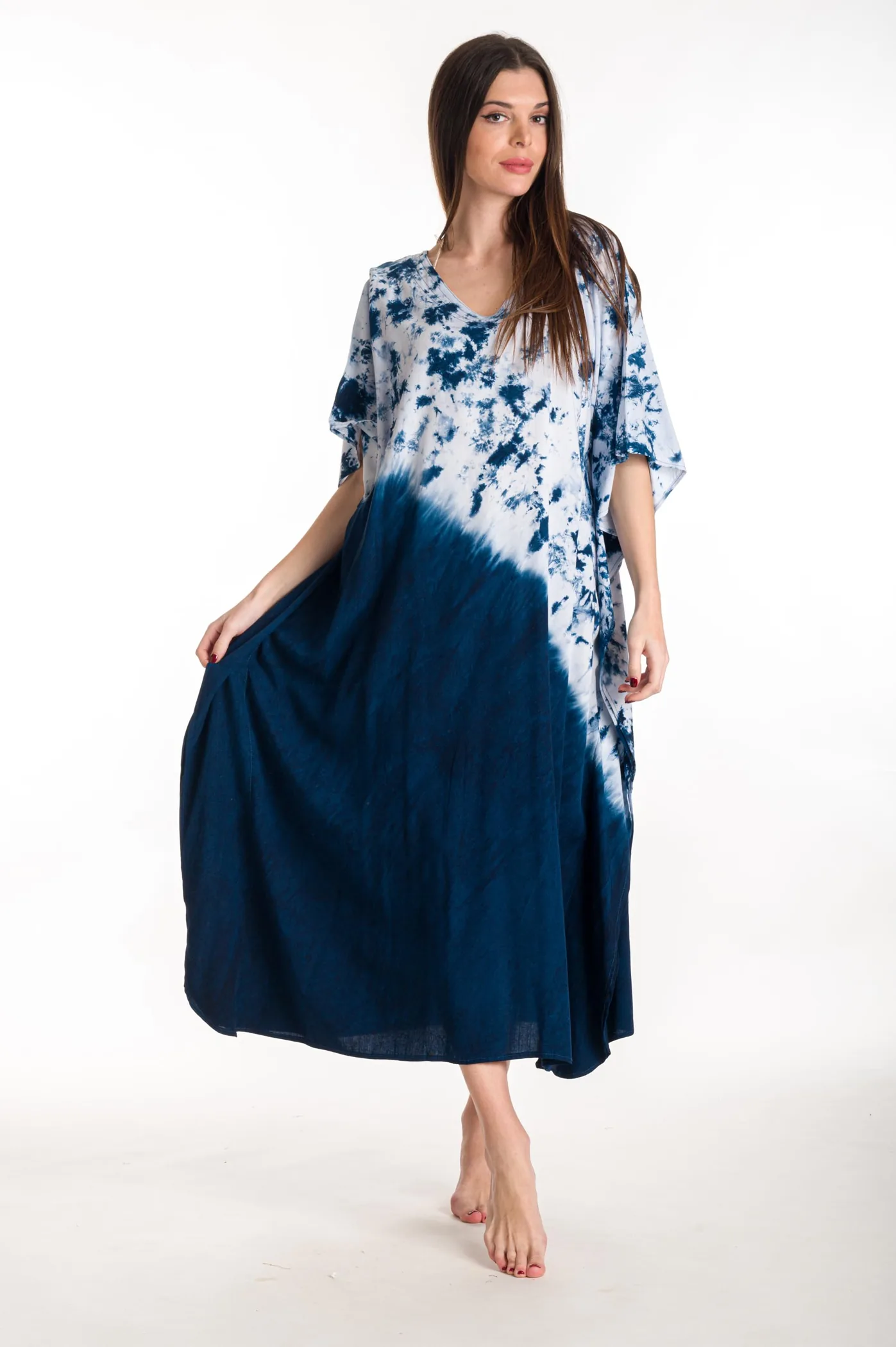 Καφτανι βισκοζ tie dye - Άσπρο;Navy Blue παρεό παραλίας από βισκόζ για καλοκαιρινές resort εμφανίσεις