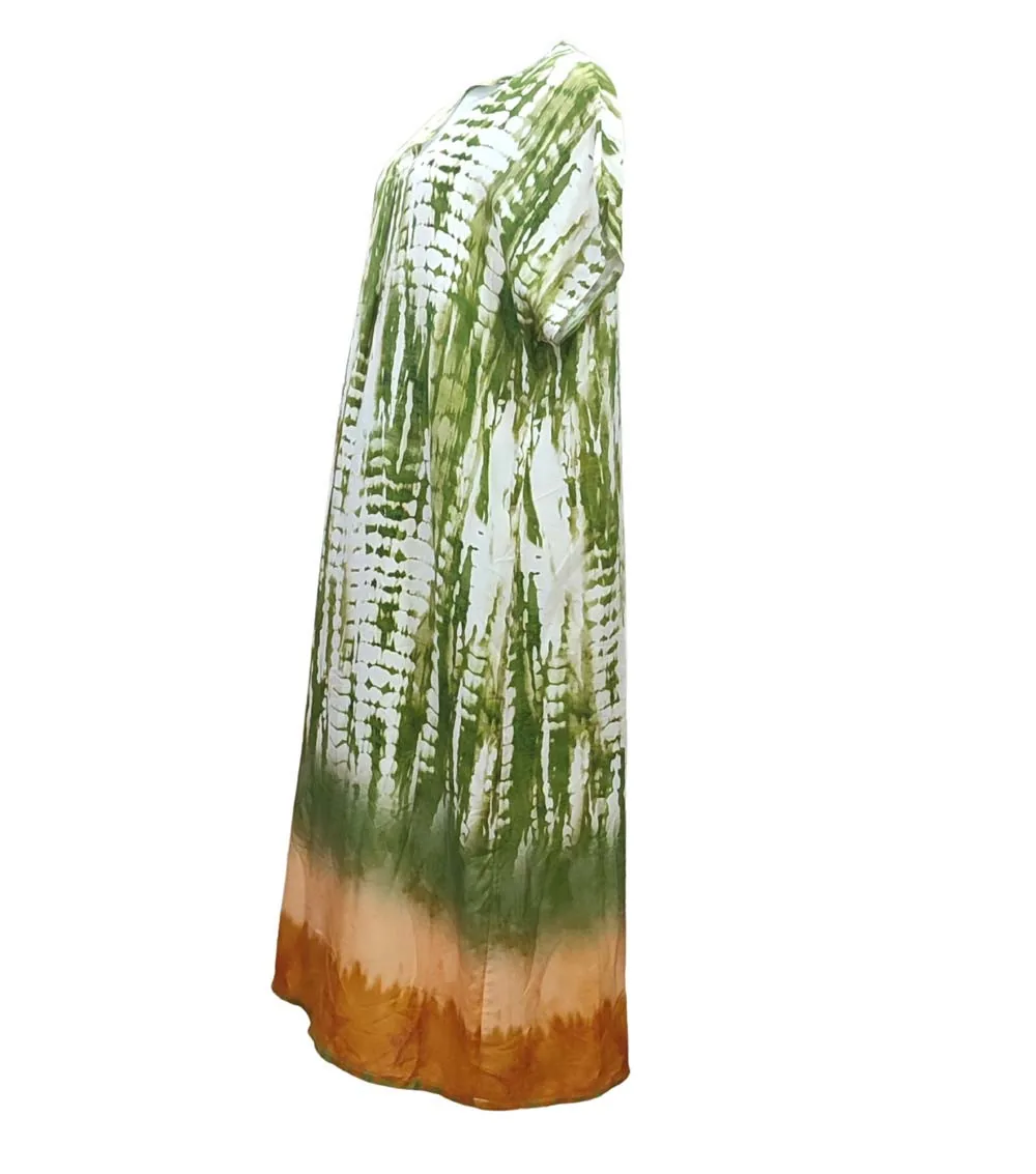 Καφτανι - φορεμα maxi βισκοζ shibori tie dye με κοντο μανικι - Χακί φόρεμα παραλίας από βισκόζ για καλοκαιρινές resort εμφανίσεις