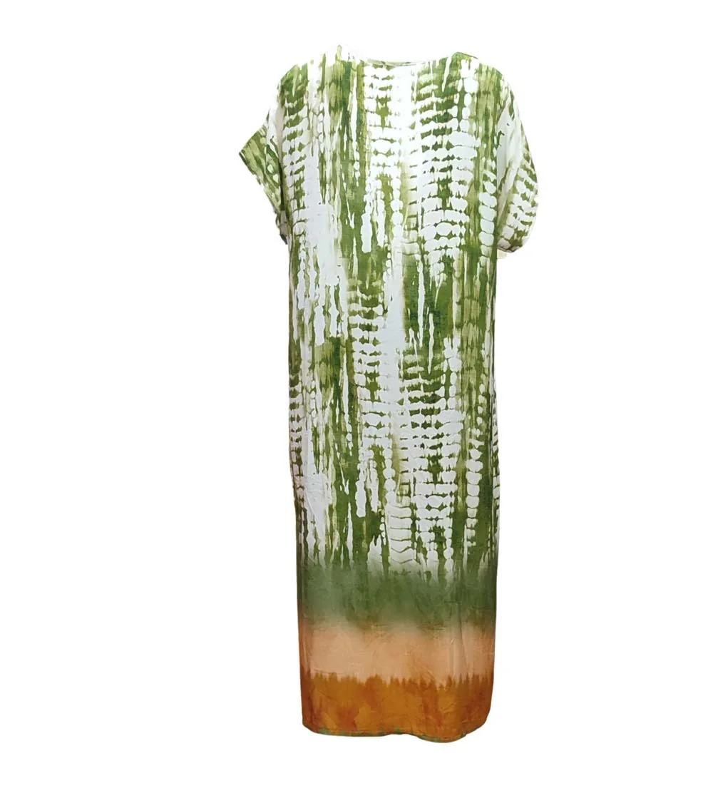 Καφτανι - φορεμα maxi βισκοζ shibori tie dye με κοντο μανικι - Χακί φόρεμα παραλίας από βισκόζ για καλοκαιρινές resort εμφανίσεις