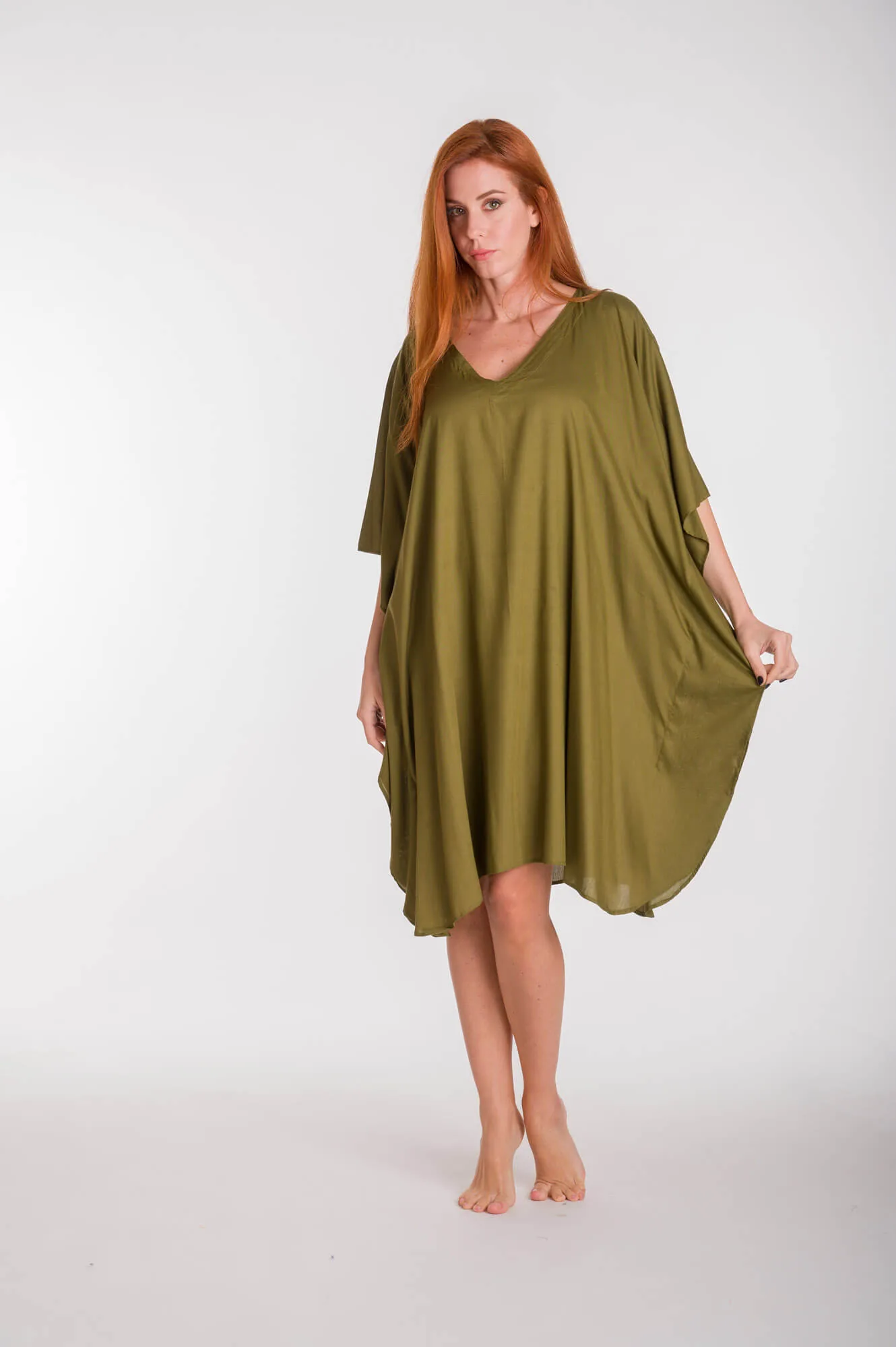 Καφτανι μονοχρωμο midi viscose - Χακί παρεό παραλίας από βισκόζ για καλοκαιρινές resort εμφανίσεις