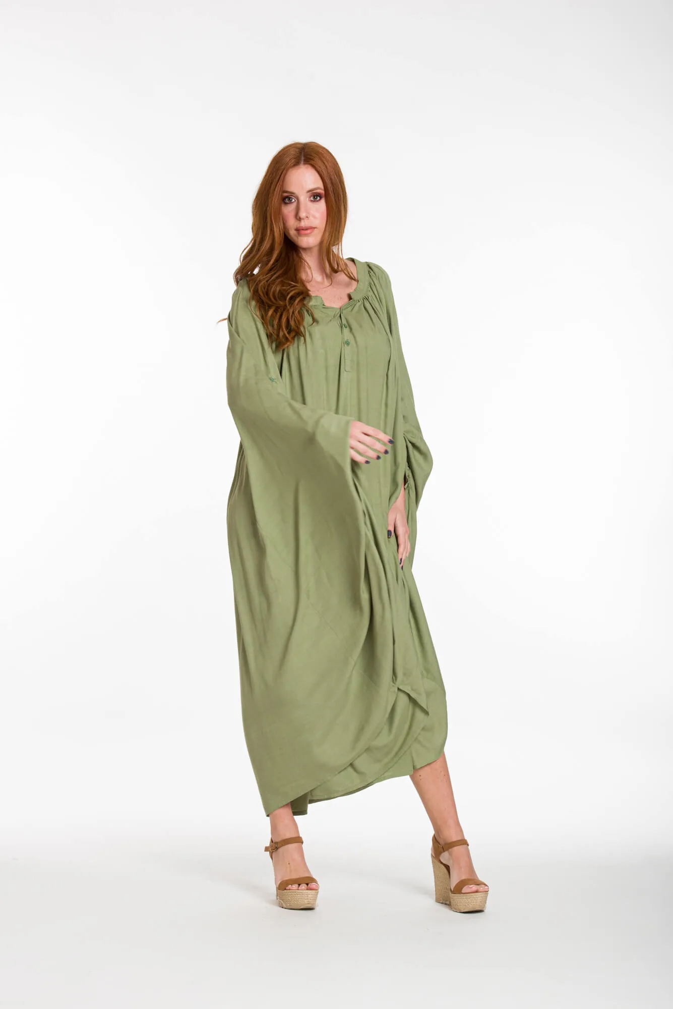 Καφτανι - πουκαμισοφορεμα oversize look με ρυθμιζομενα μανικια - Χακί φόρεμα παραλίας από βισκόζ για καλοκαιρινές resort εμφανίσεις