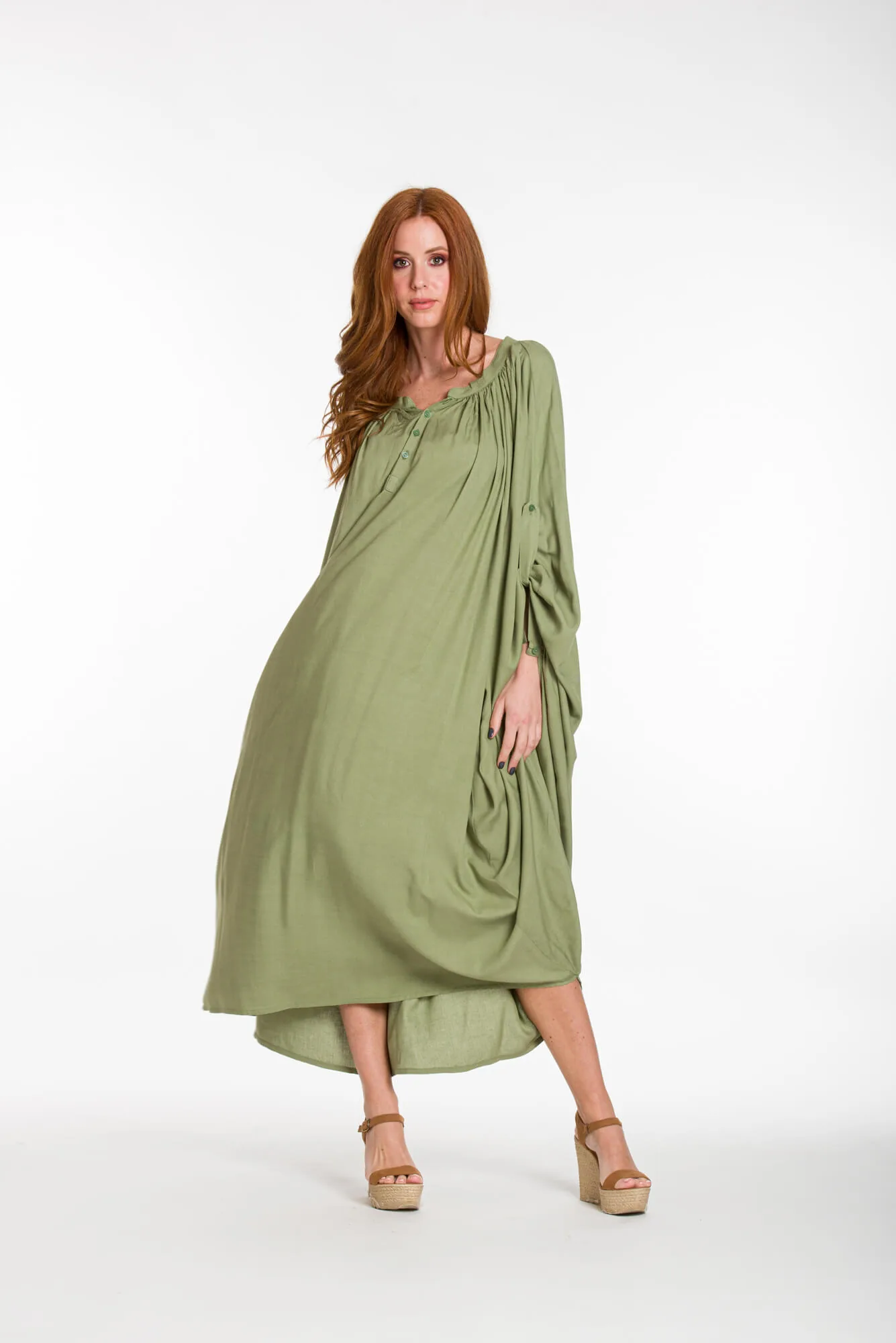 Καφτανι - πουκαμισοφορεμα oversize look με ρυθμιζομενα μανικια - Χακί φόρεμα παραλίας από βισκόζ για καλοκαιρινές resort εμφανίσεις
