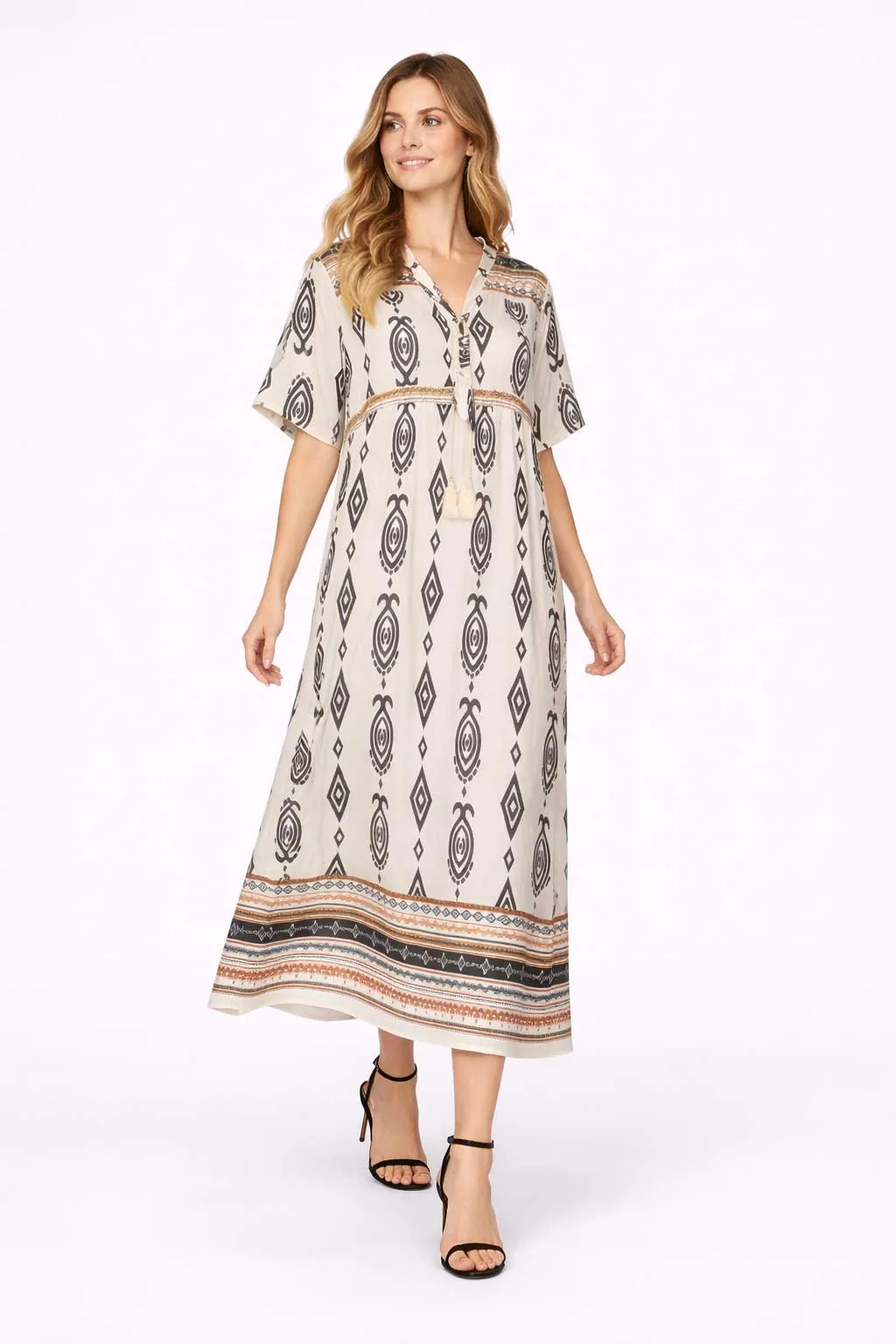 Εκρου boho resort ethnic print βισκοζ- λινό καφτάνι - φορεμα με κοντό μανικι - Εκρού φόρεμα παραλίας από βισκόζ για καλοκαιρινές resort εμφανίσεις