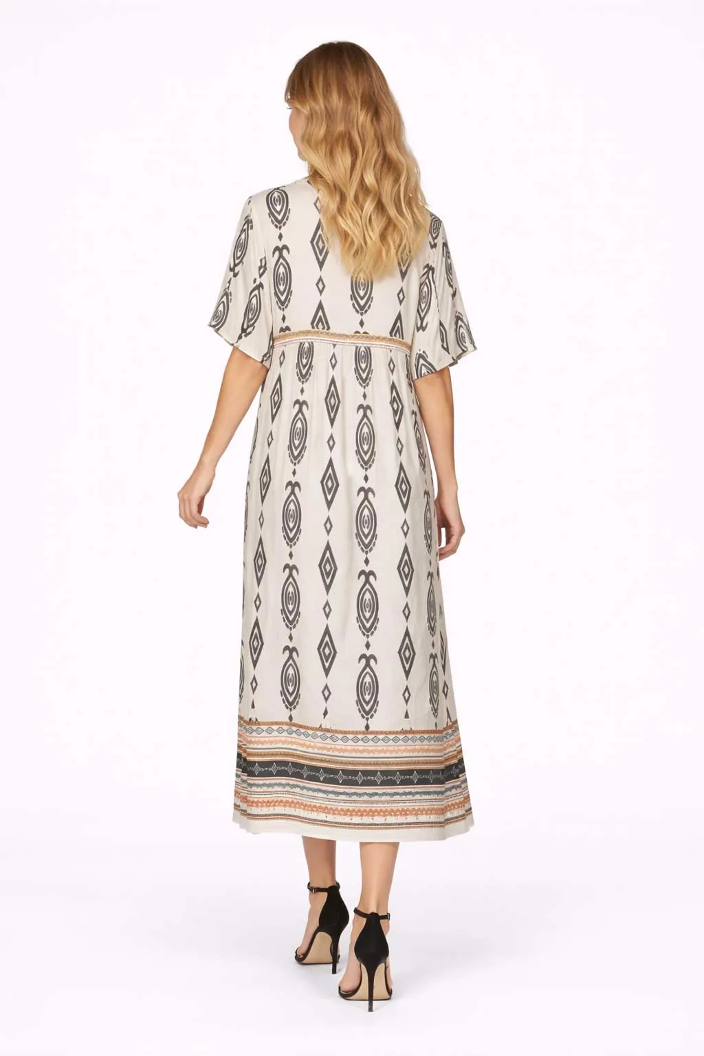 Εκρου boho resort ethnic print βισκοζ- λινό καφτάνι - φορεμα με κοντό μανικι - Εκρού φόρεμα παραλίας από βισκόζ για καλοκαιρινές resort εμφανίσεις