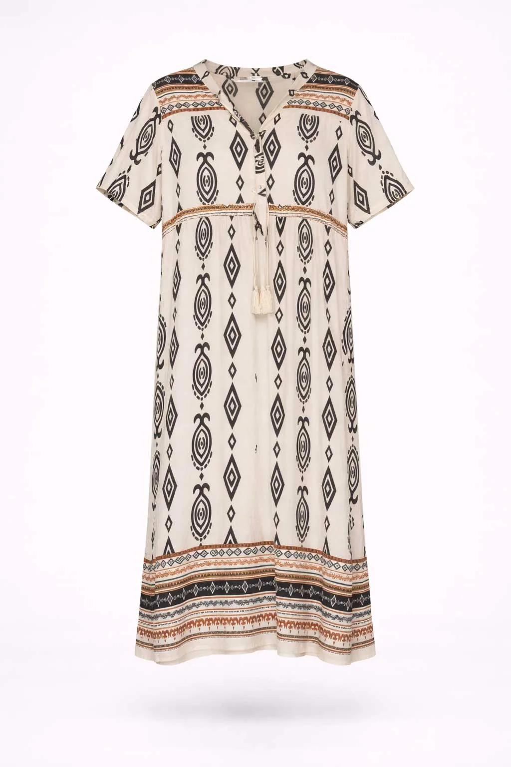Εκρου boho resort ethnic print βισκοζ- λινό καφτάνι - φορεμα με κοντό μανικι - Εκρού φόρεμα παραλίας από βισκόζ για καλοκαιρινές resort εμφανίσεις