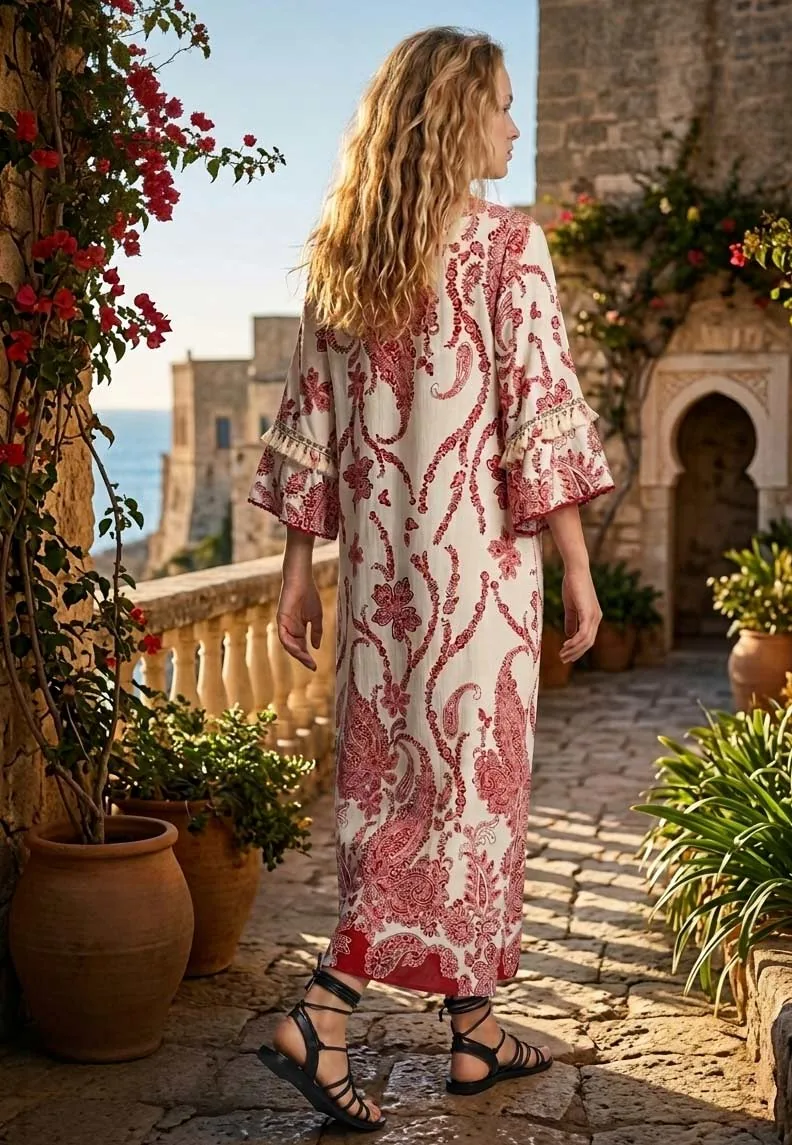 Κοκκινο resort βισκοζ- λινό καφτάνι - φορεμα με τρουκαρ μανικια - Εκρού;Κόκκινο παρεό παραλίας από βισκόζ για καλοκαιρινές resort εμφανίσεις