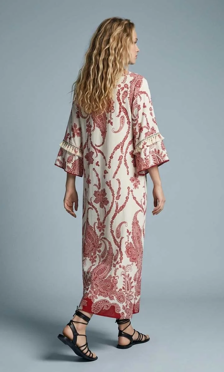 Κοκκινο resort βισκοζ- λινό καφτάνι - φορεμα με τρουκαρ μανικια - Εκρού;Κόκκινο φόρεμα παραλίας από βισκόζ για καλοκαιρινές resort εμφανίσεις