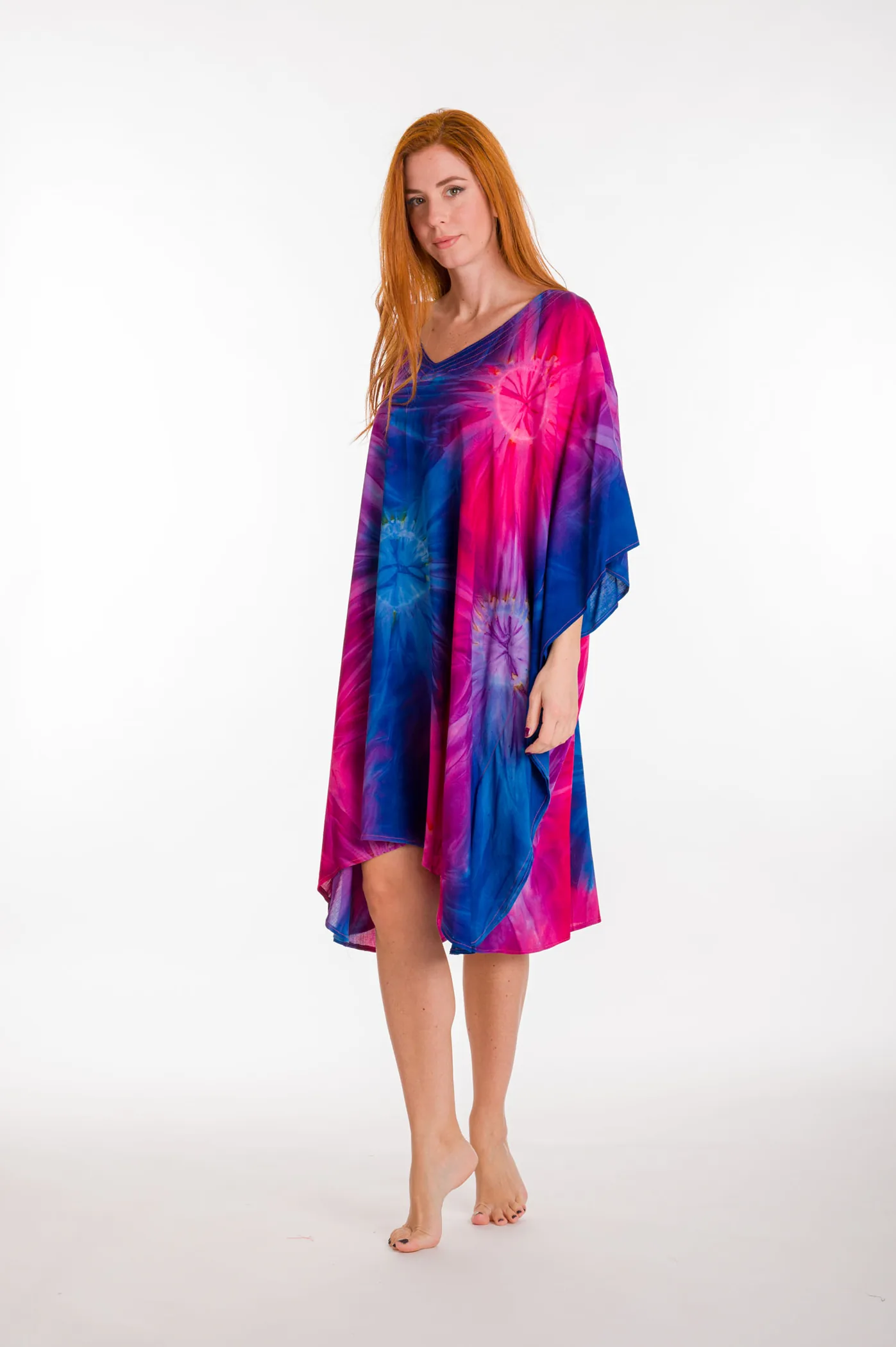 Καφτανι midi βισκοζ tie dye εκρηξη - Φούξια καφτάνι παραλίας από βισκόζ για καλοκαιρινές resort εμφανίσεις