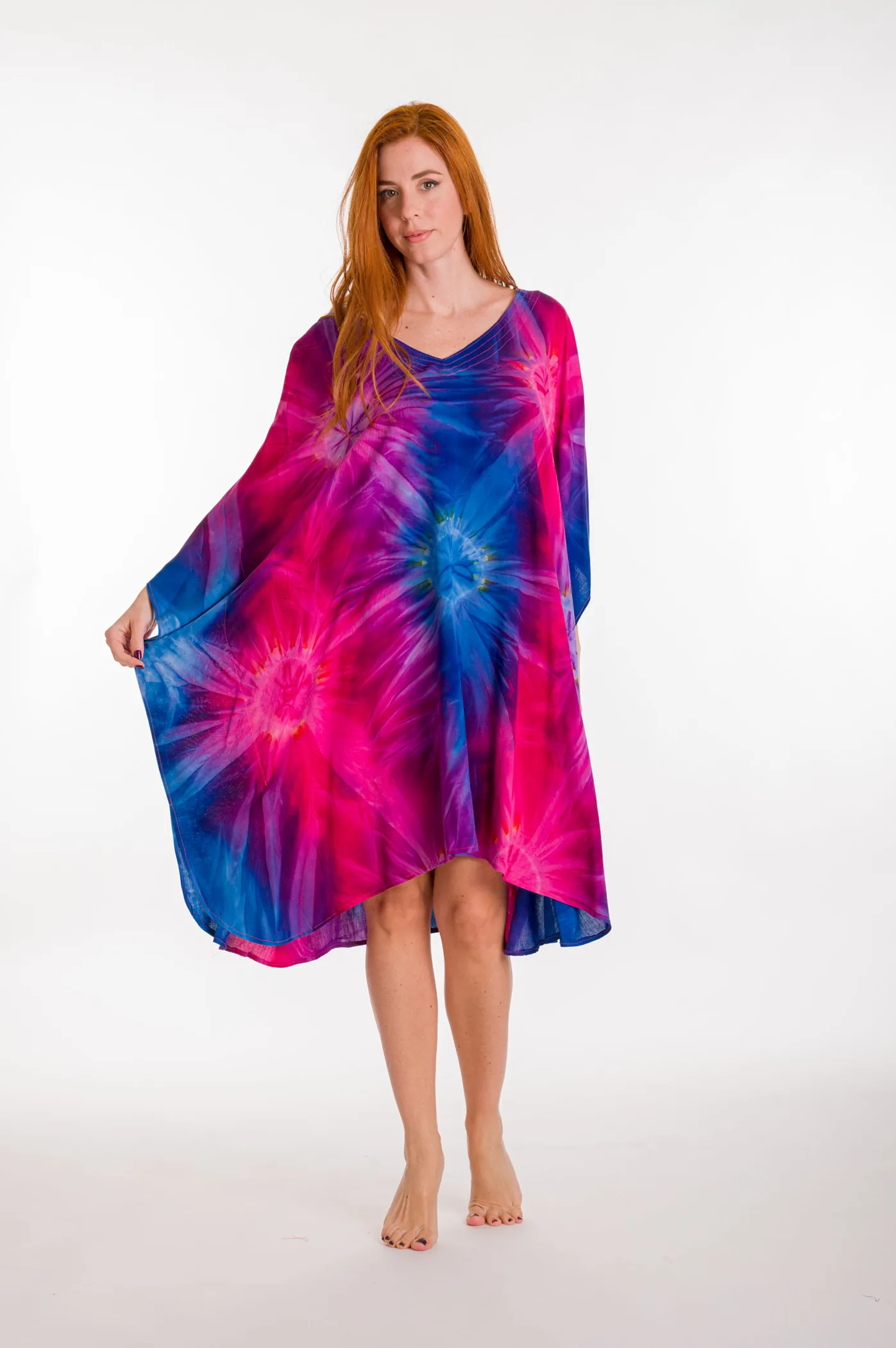 Καφτανι midi βισκοζ tie dye εκρηξη - Φούξια καφτάνι παραλίας από βισκόζ για καλοκαιρινές resort εμφανίσεις