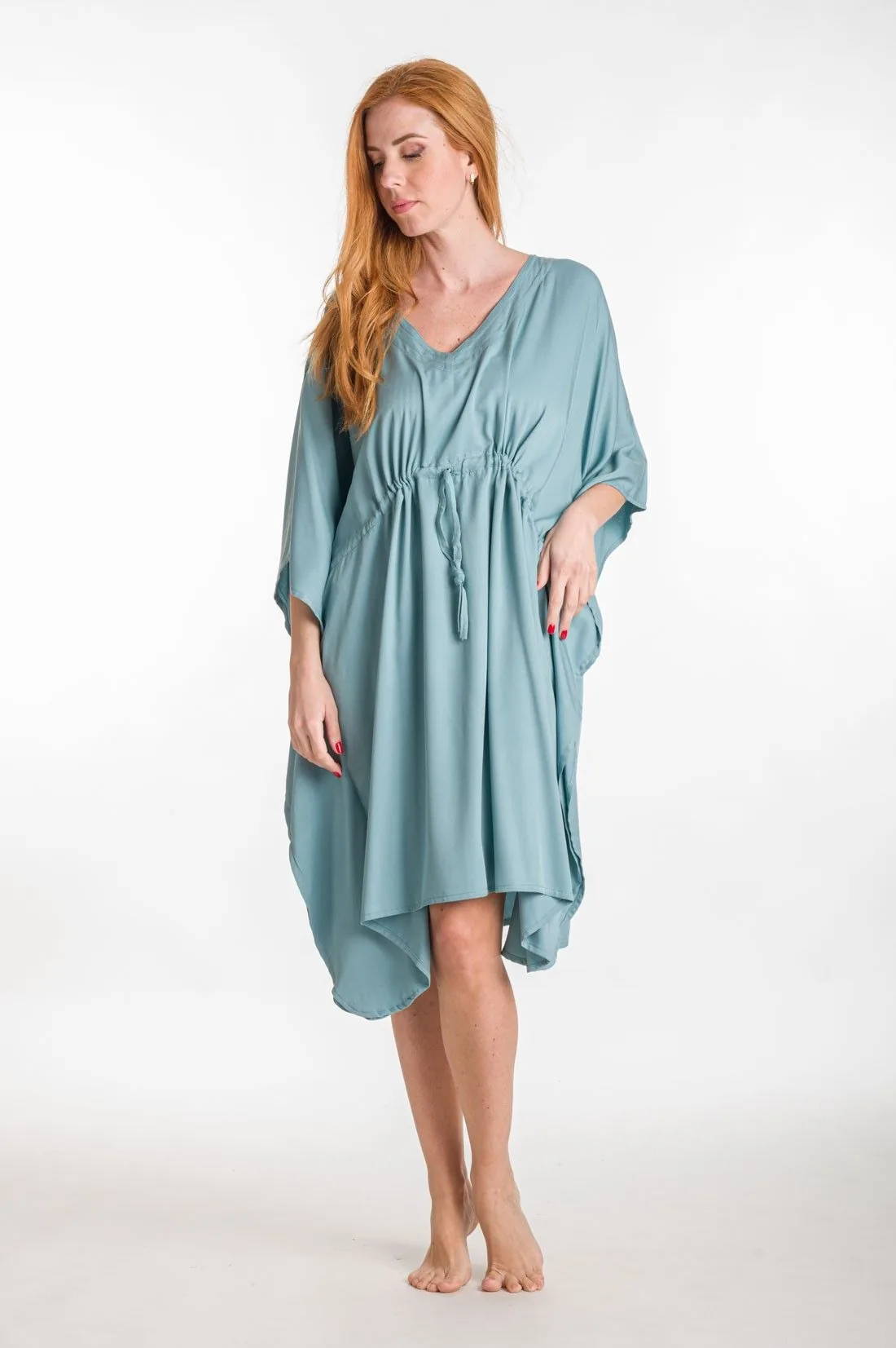 Γαλάζιο καφτάνι midi μονοχρωμο viscose με adjuster - παρεό παραλίας από βισκόζ για καλοκαιρινές resort εμφανίσεις