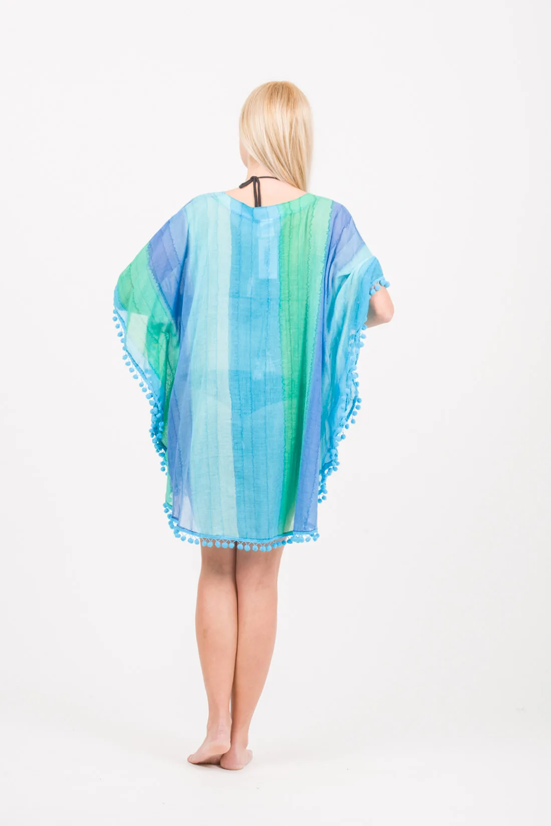 Ποντσο tie dye ριγε βαμβακερο με pon pon - Γαλάζιο;Μπλέ;Πράσινο;Τυρκουάζ πόντσο παραλίας από βαμβακερό για καλοκαιρινές resort εμφανίσεις