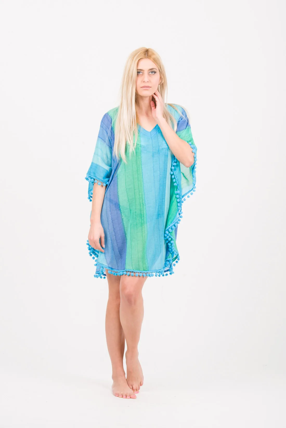 Ποντσο tie dye ριγε βαμβακερο με pon pon - Γαλάζιο;Μπλέ;Πράσινο;Τυρκουάζ πόντσο παραλίας από βαμβακερό για καλοκαιρινές resort εμφανίσεις