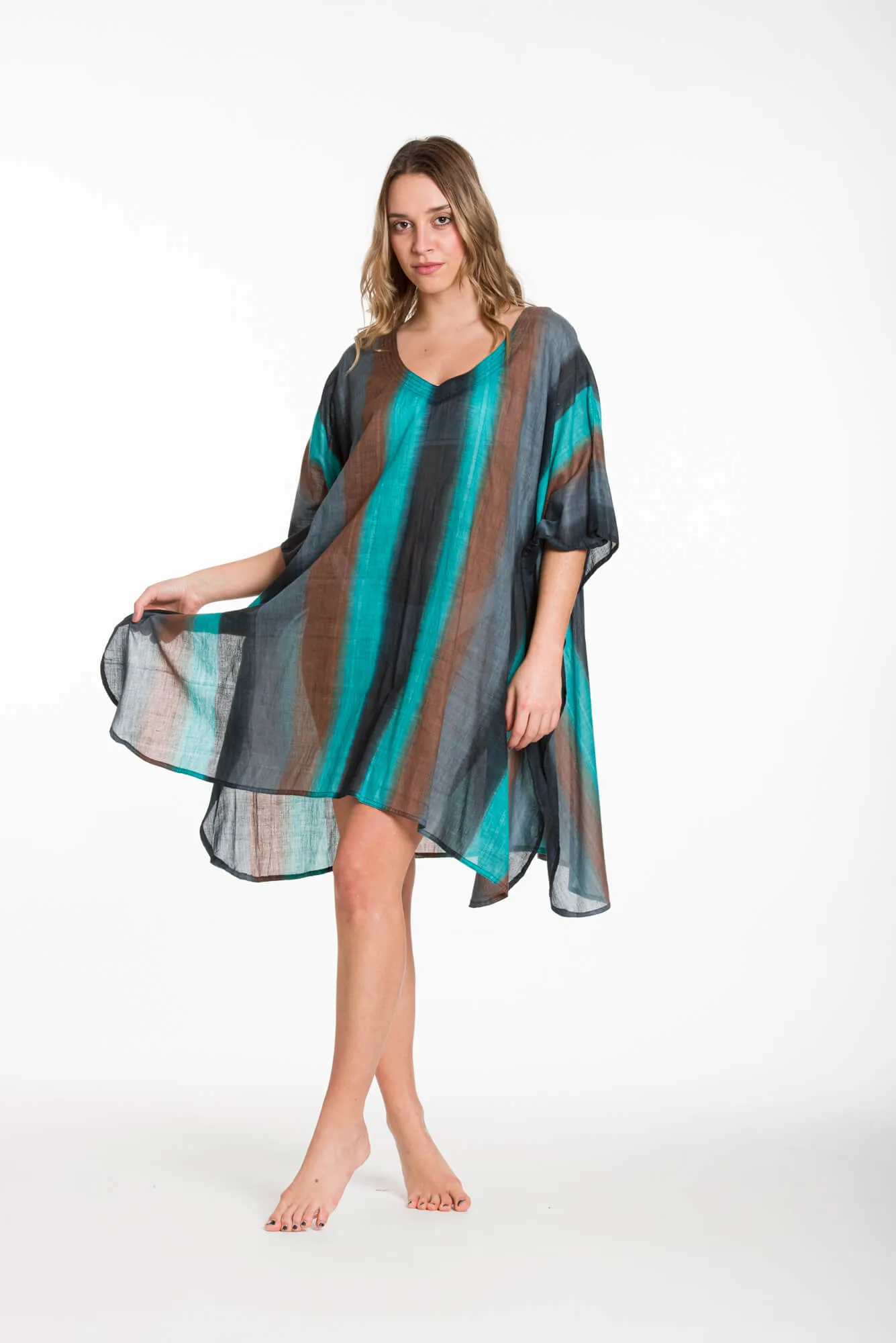 Ποντσο tie dye ριγε βαμβακερο - Γκρί;Καφέ;Τυρκουάζ πόντσο παραλίας από βαμβακερό για καλοκαιρινές resort εμφανίσεις