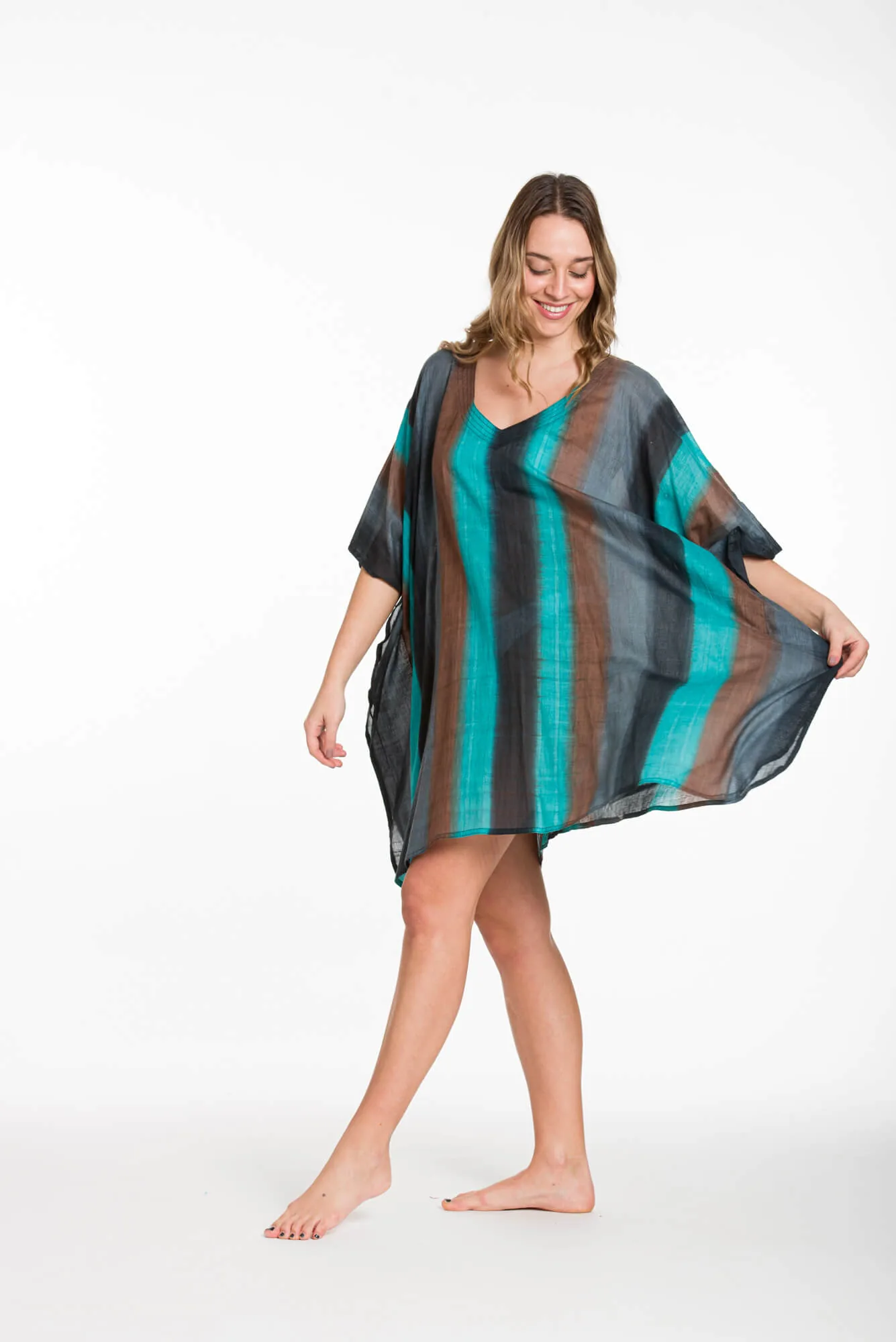 Ποντσο tie dye ριγε βαμβακερο - Γκρί;Καφέ;Τυρκουάζ πόντσο παραλίας από βαμβακερό για καλοκαιρινές resort εμφανίσεις