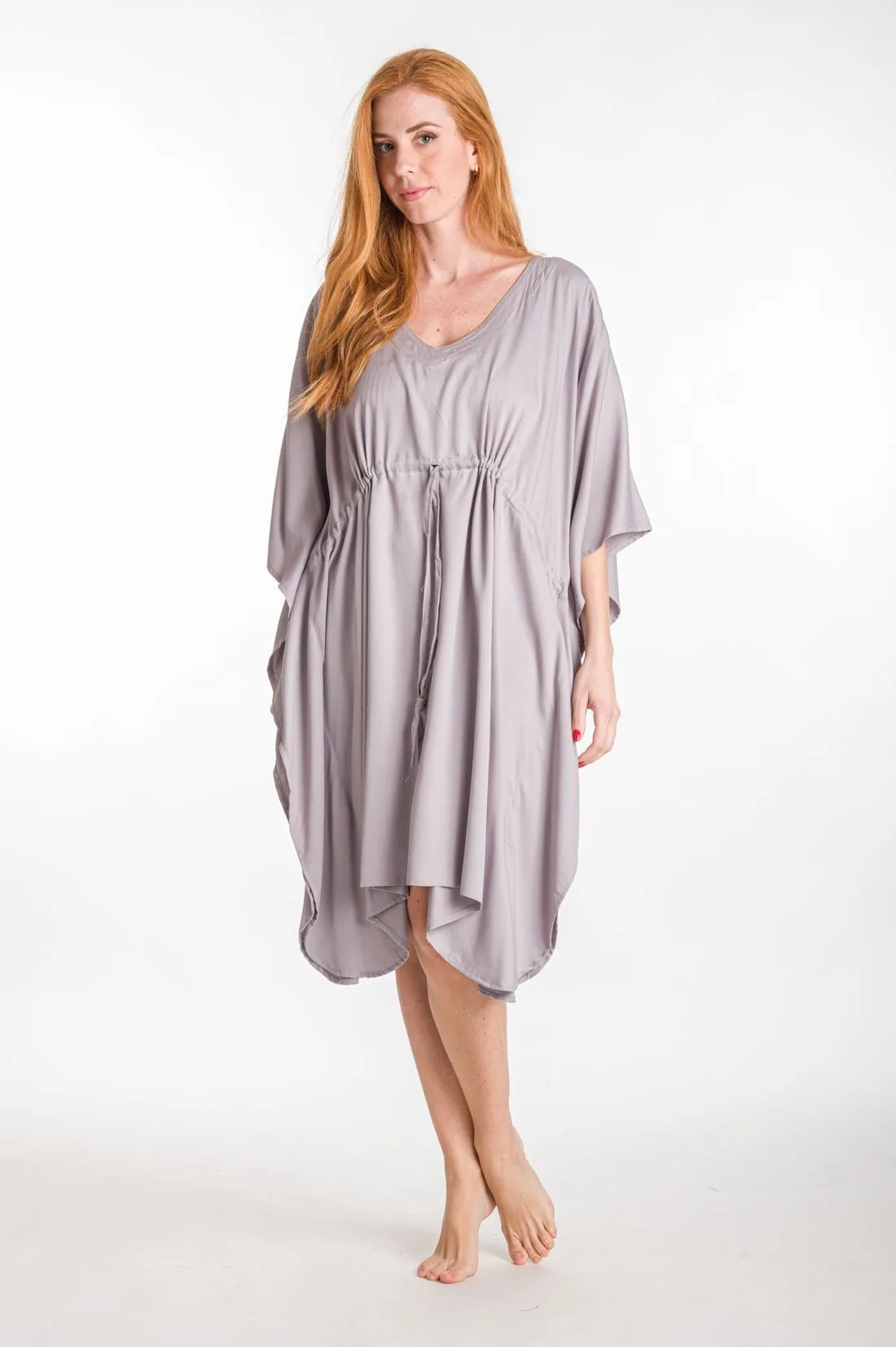 Γκρί καφτάνι midi μονοχρωμο viscose με adjuster - παρεό παραλίας από βισκόζ για καλοκαιρινές resort εμφανίσεις