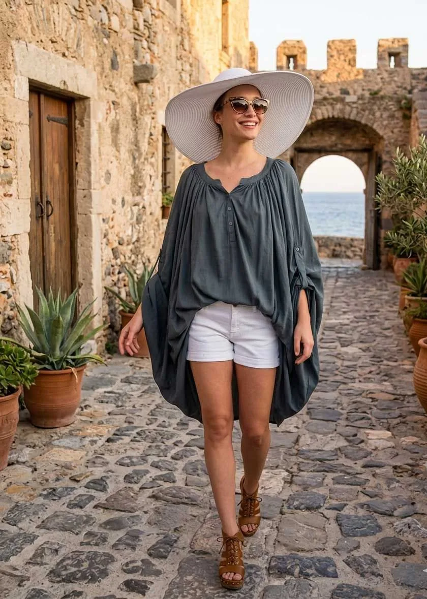 Γκρι καφτάνι midi - πουκαμισοφορεμα oversize look με ρυθμιζομενα μανικια - Γκρί παρεό παραλίας από βισκόζ για καλοκαιρινές resort εμφανίσεις