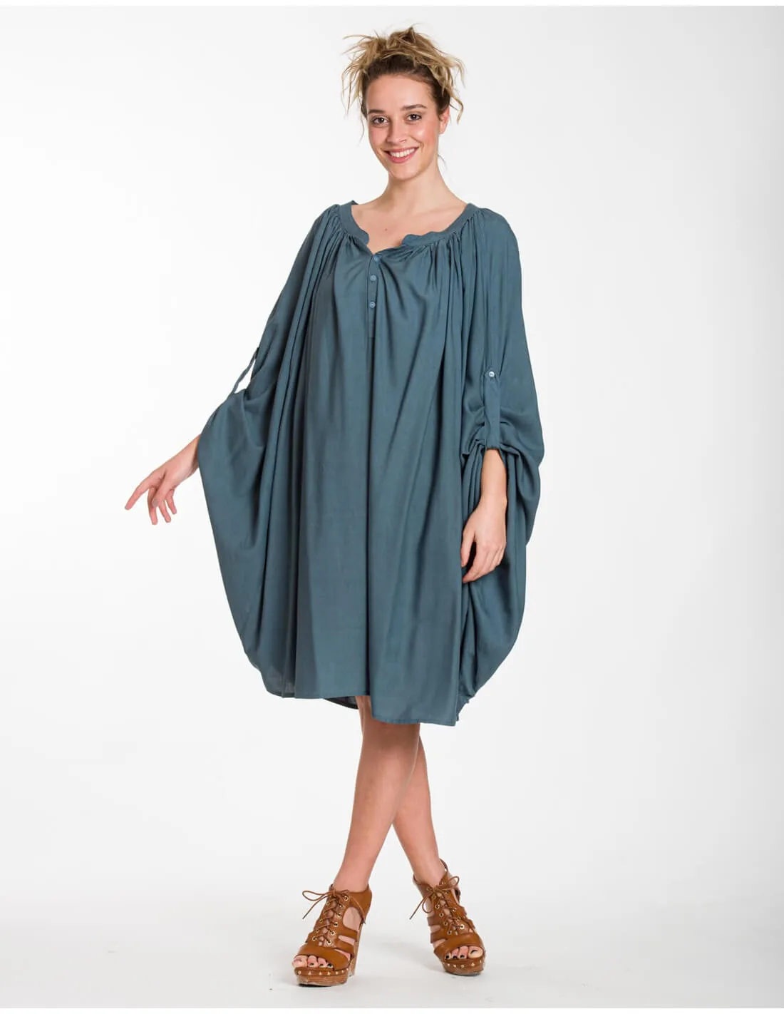 Καφτανι midi - πουκαμισοφορεμα oversize look με ρυθμιζομενα μανικια - Γκρί φόρεμα παραλίας από βισκόζ για καλοκαιρινές resort εμφανίσεις