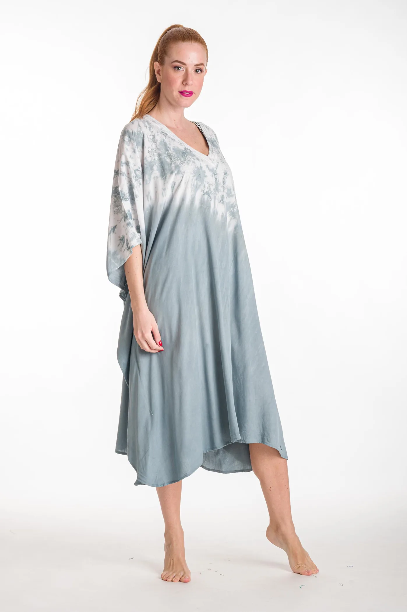 Καφτανι midi βισκοζ tie dye - Γκρί παρεό παραλίας από βισκόζ για καλοκαιρινές resort εμφανίσεις