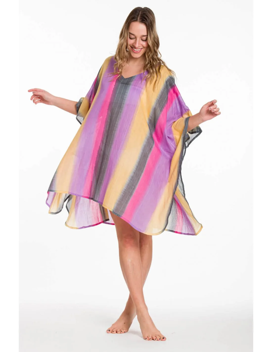 Ποντσο tie dye ριγε βαμβακερο - Γκρί;Κίτρινο;Λιλά πόντσο παραλίας από βαμβακερό για καλοκαιρινές resort εμφανίσεις
