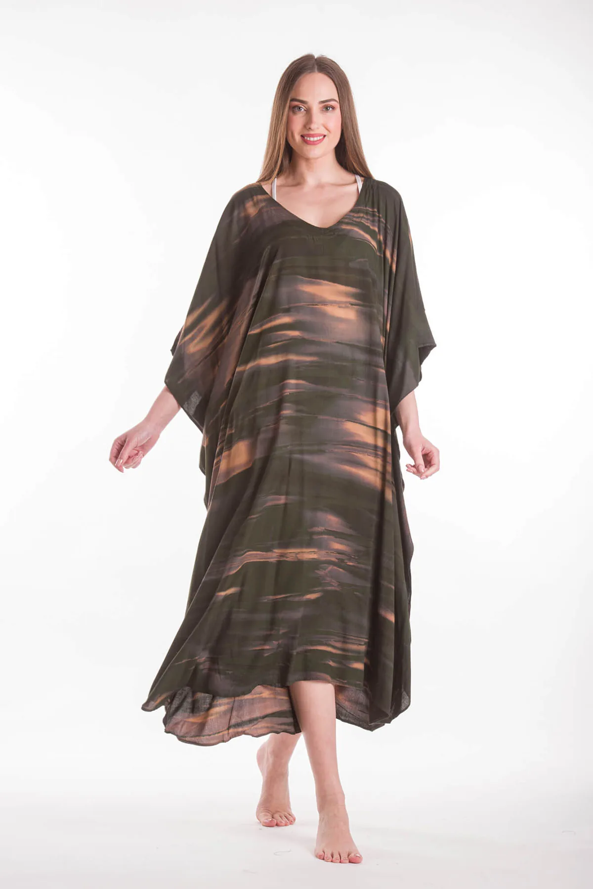 Καφτανι βισκοζ tie dye - Καφέ;Χακί παρεό παραλίας από βισκόζ για καλοκαιρινές resort εμφανίσεις