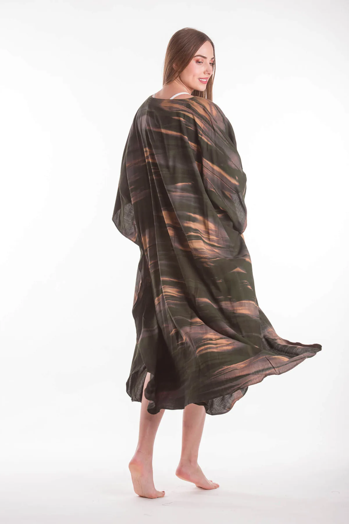 Καφτανι βισκοζ tie dye - Καφέ;Χακί καφτάνι παραλίας από βισκόζ για καλοκαιρινές resort εμφανίσεις