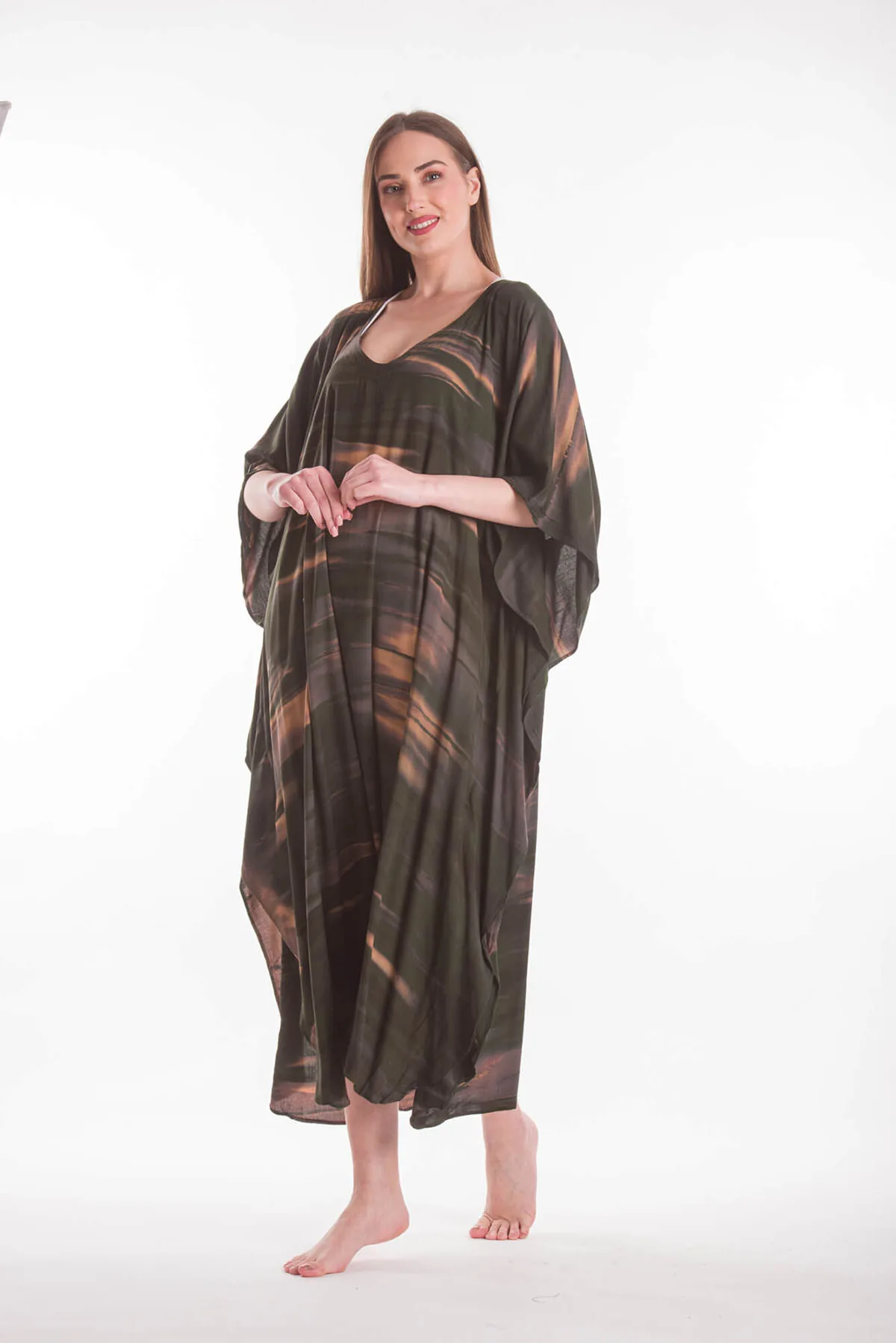 Καφτανι βισκοζ tie dye - Καφέ;Χακί καφτάνι παραλίας από βισκόζ για καλοκαιρινές resort εμφανίσεις