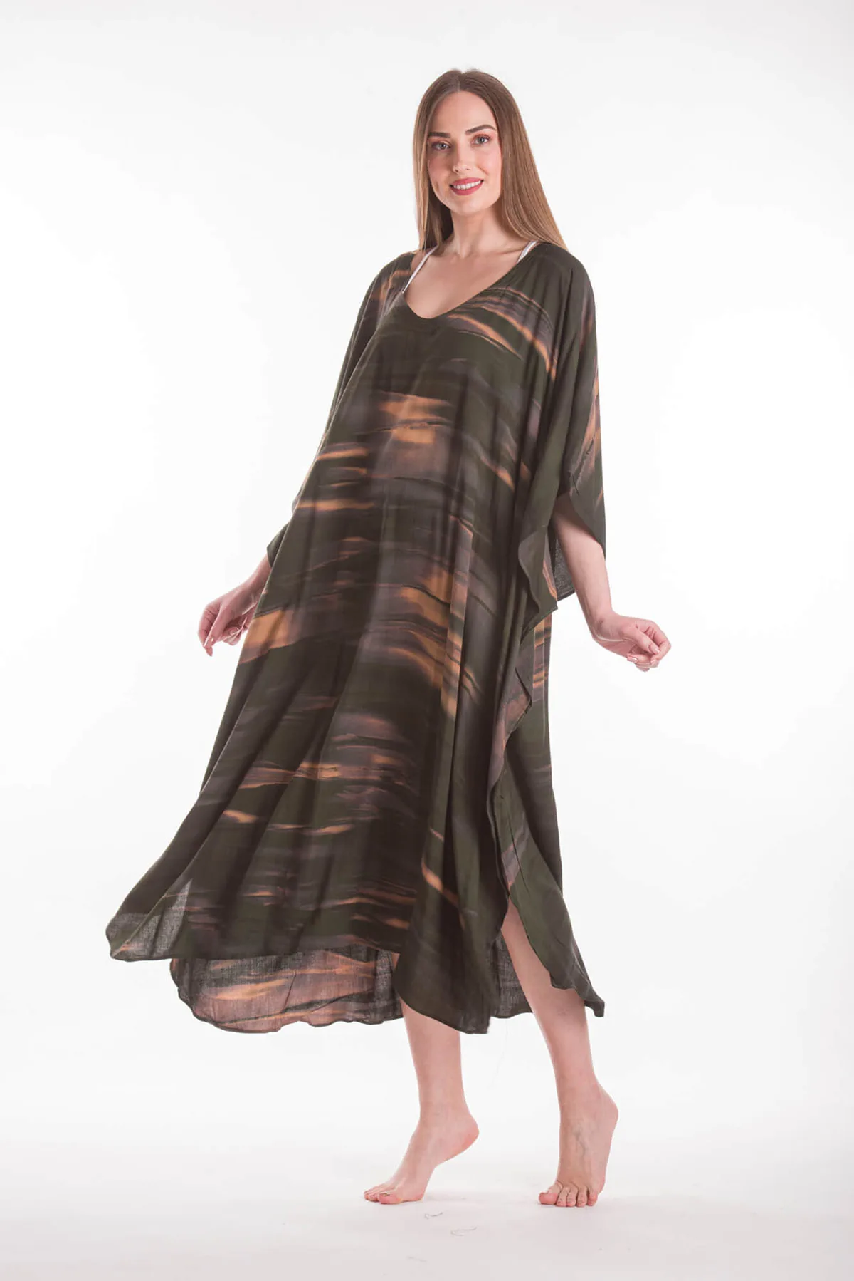 Καφτανι βισκοζ tie dye - Καφέ;Χακί καφτάνι παραλίας από βισκόζ για καλοκαιρινές resort εμφανίσεις