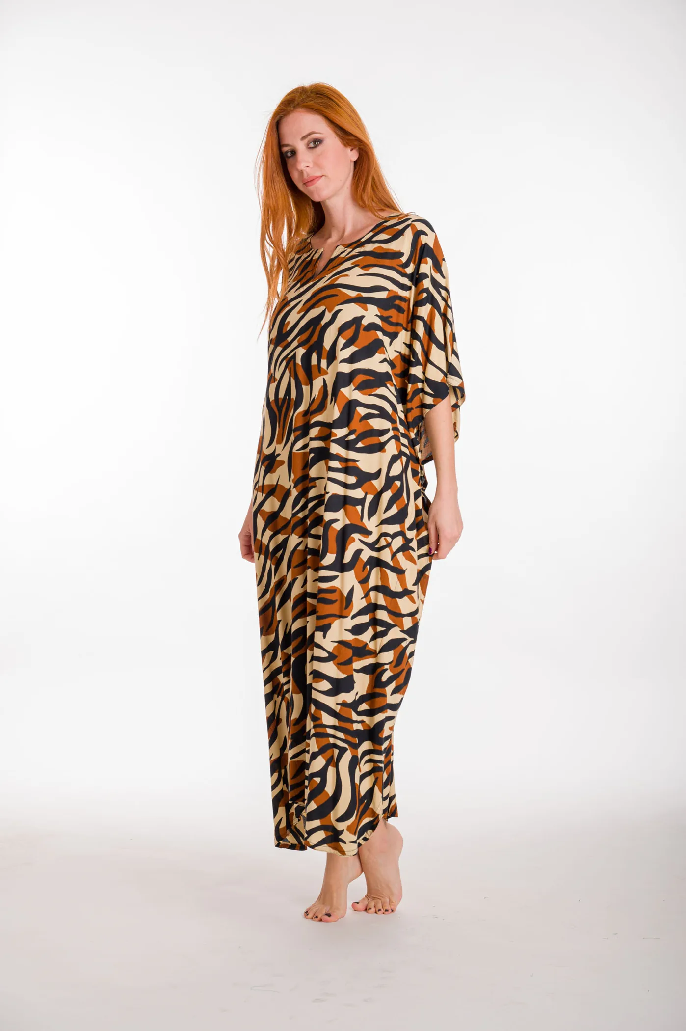 Καφτανι βισκοζ animal print - Καφέ καφτάνι παραλίας από βισκόζ για καλοκαιρινές resort εμφανίσεις