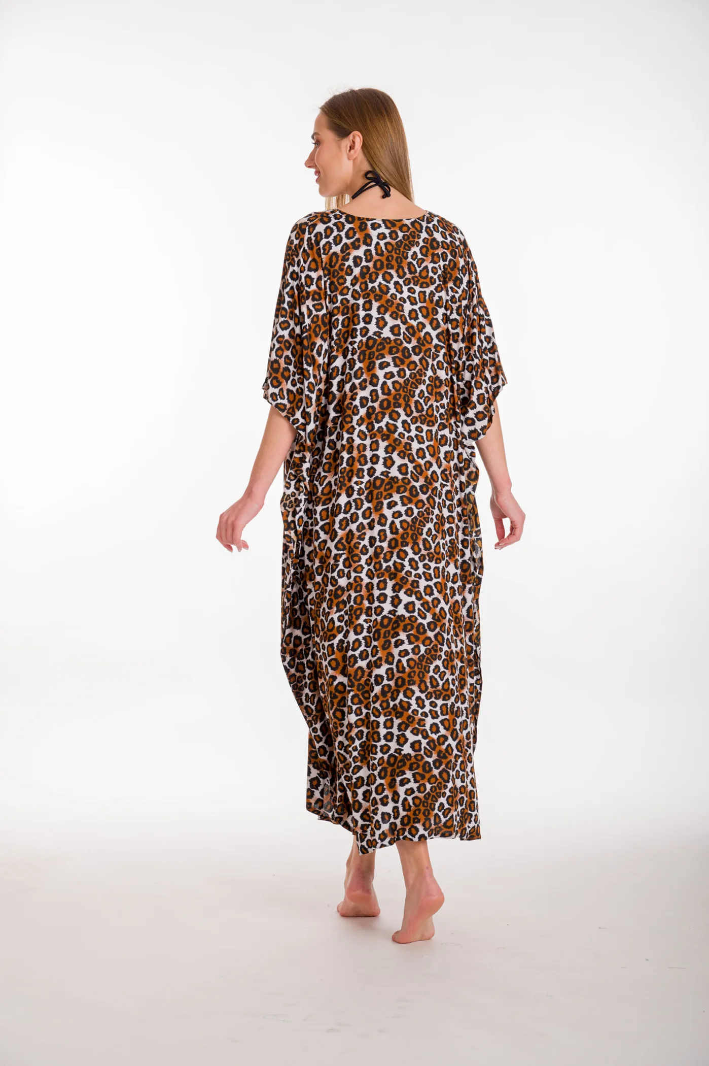 Καφτανι βισκοζ animal print - Καφέ καφτάνι παραλίας από βισκόζ για καλοκαιρινές resort εμφανίσεις