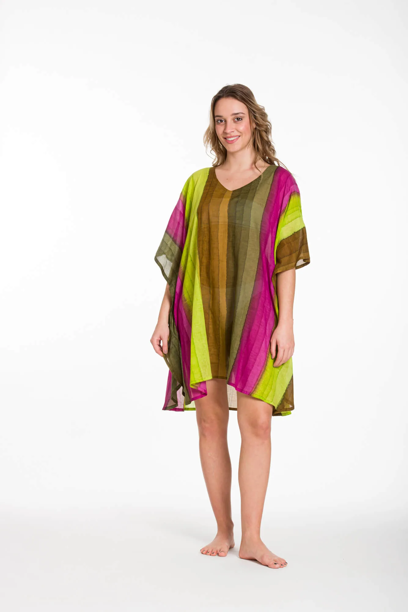 Ποντσο tie dye ριγε βαμβακερο - Καφέ;Λαχανί;Φούξια;Χακί παρεό παραλίας από βαμβακερό για καλοκαιρινές resort εμφανίσεις