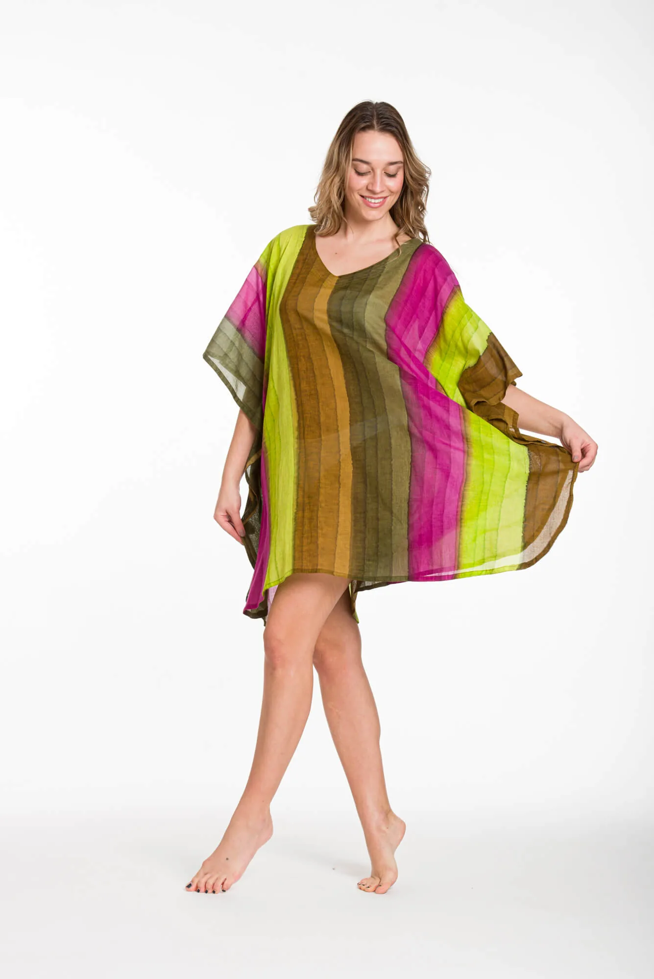 Ποντσο tie dye ριγε βαμβακερο - Καφέ;Λαχανί;Φούξια;Χακί πόντσο παραλίας από βαμβακερό για καλοκαιρινές resort εμφανίσεις