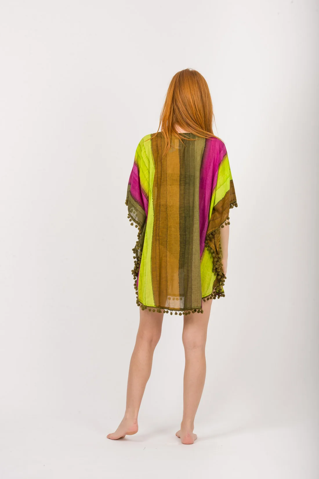 Ποντσο tie dye ριγε βαμβακερο με pon pon - Καφέ;Λαχανί;Φούξια;Χακί πόντσο παραλίας από βαμβακερό για καλοκαιρινές resort εμφανίσεις