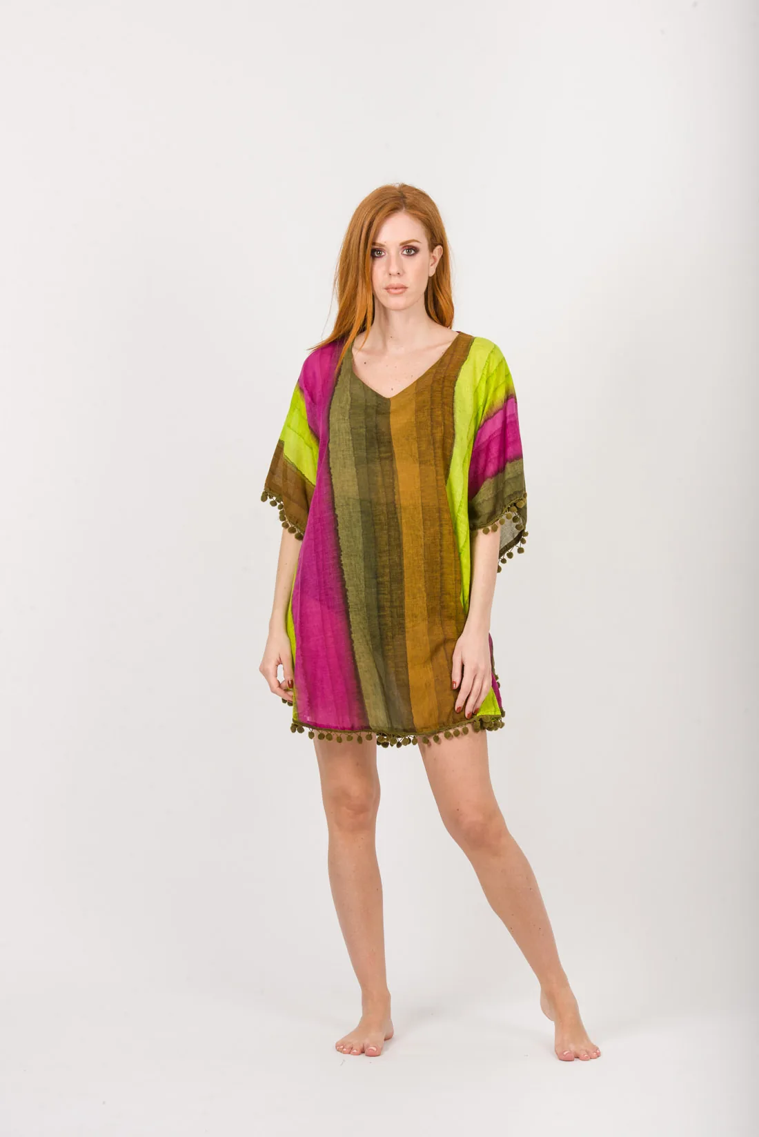 Ποντσο tie dye ριγε βαμβακερο με pon pon - Καφέ;Λαχανί;Φούξια;Χακί πόντσο παραλίας από βαμβακερό για καλοκαιρινές resort εμφανίσεις