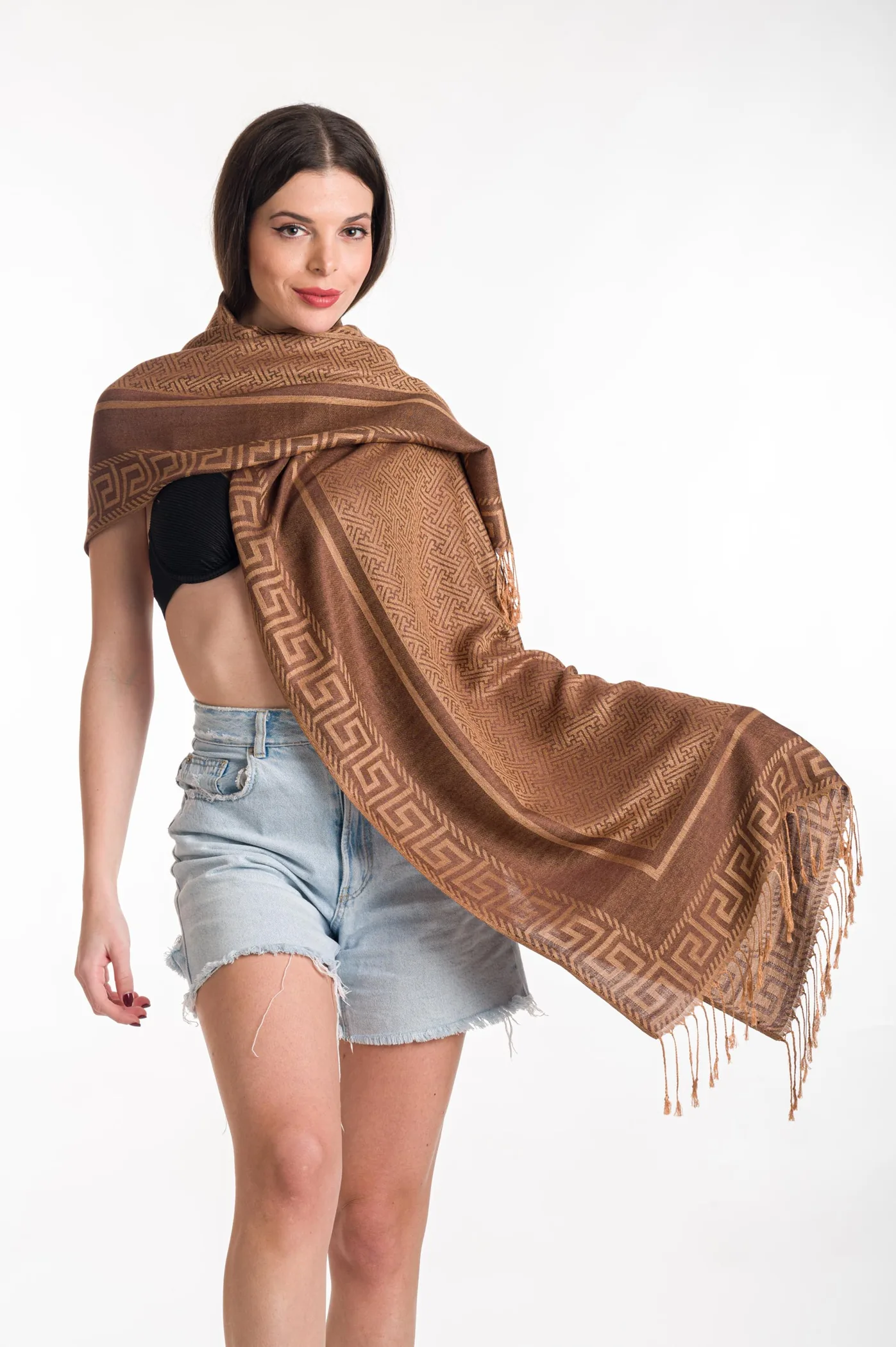 Πασμινα βισκοζ με μαιανδρο - Καφέ resort wear προϊόν για καλοκαιρινές resort εμφανίσεις