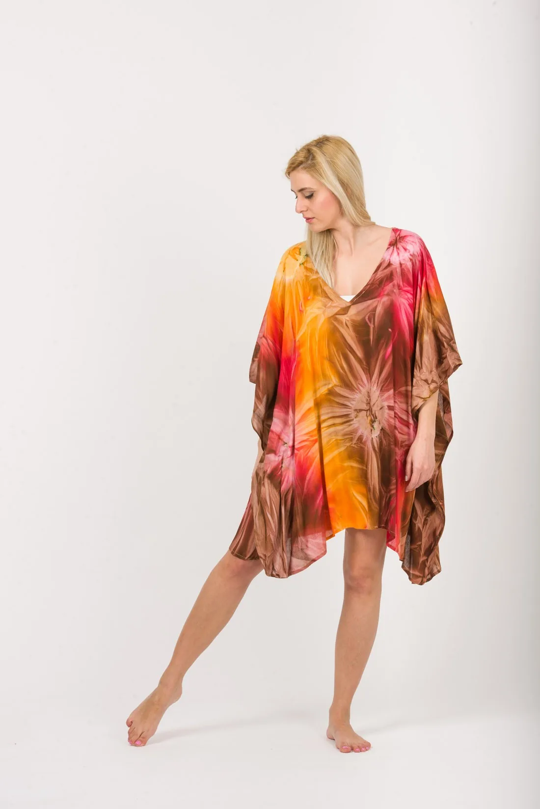 Ποντσο βισκοζ tie dye εκρηξη - Καφέ;Πορτοκαλί παρεό παραλίας από βισκόζ για καλοκαιρινές resort εμφανίσεις