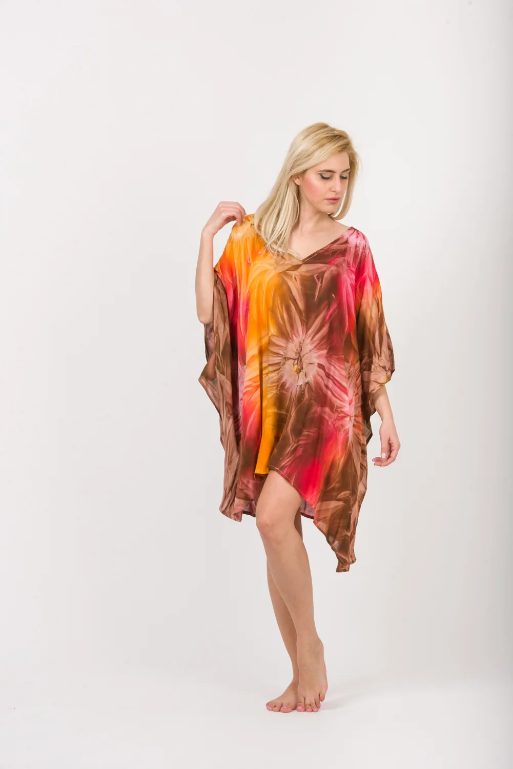 Ποντσο βισκοζ tie dye εκρηξη - Καφέ;Πορτοκαλί πόντσο παραλίας από βισκόζ για καλοκαιρινές resort εμφανίσεις